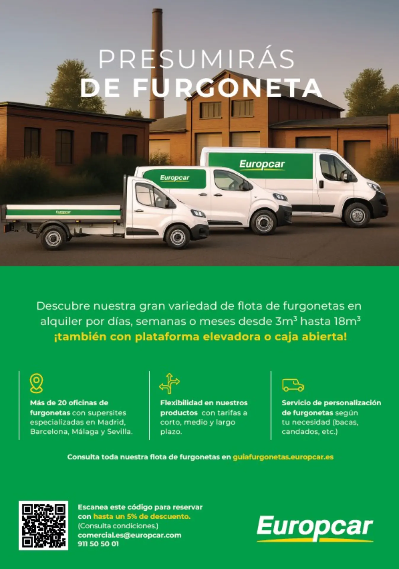 Furgonetas Europcar aparcadas frente a una fábrica, promocionando alquiler furgonetas con texto e iconos debajo para los que buscan alquiler europcar por días o alquiler barato furgonetas.