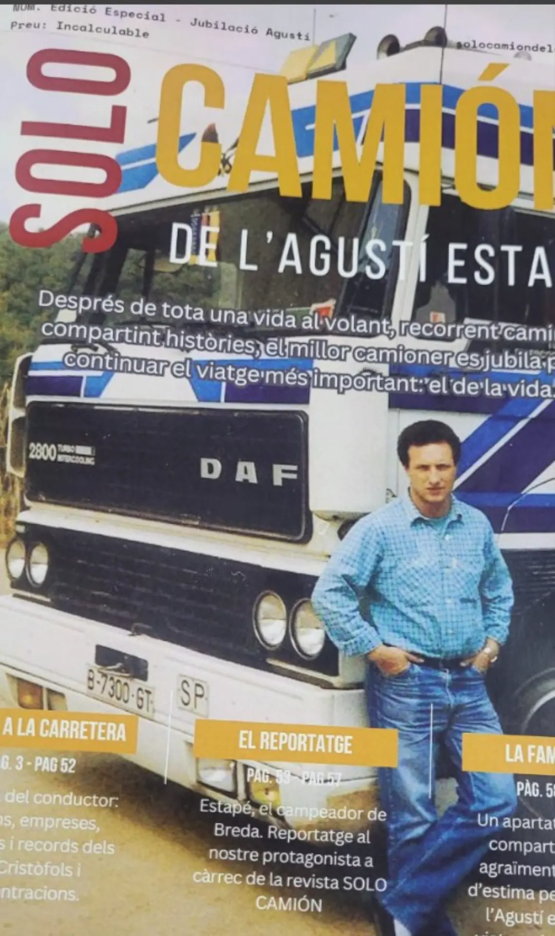 Un hombre con camisa azul delante de un gran camión DAF en la portada de una revista española, destacando un camionero español en Francia y el mundo del transporte por carretera.