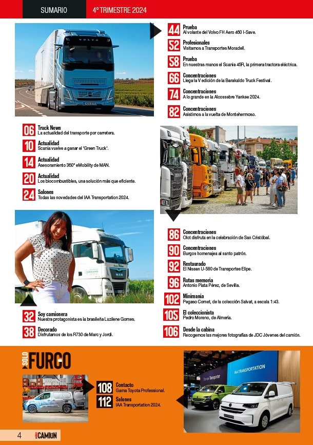 En una página vibrante de la revista, una mujer sostiene folletos en el concurrido evento Solo Camión, que muestra una variedad de camiones. Los asistentes recorren una animada escena de vehículos y compradores interesados, todos ellos presentados en el número 393.