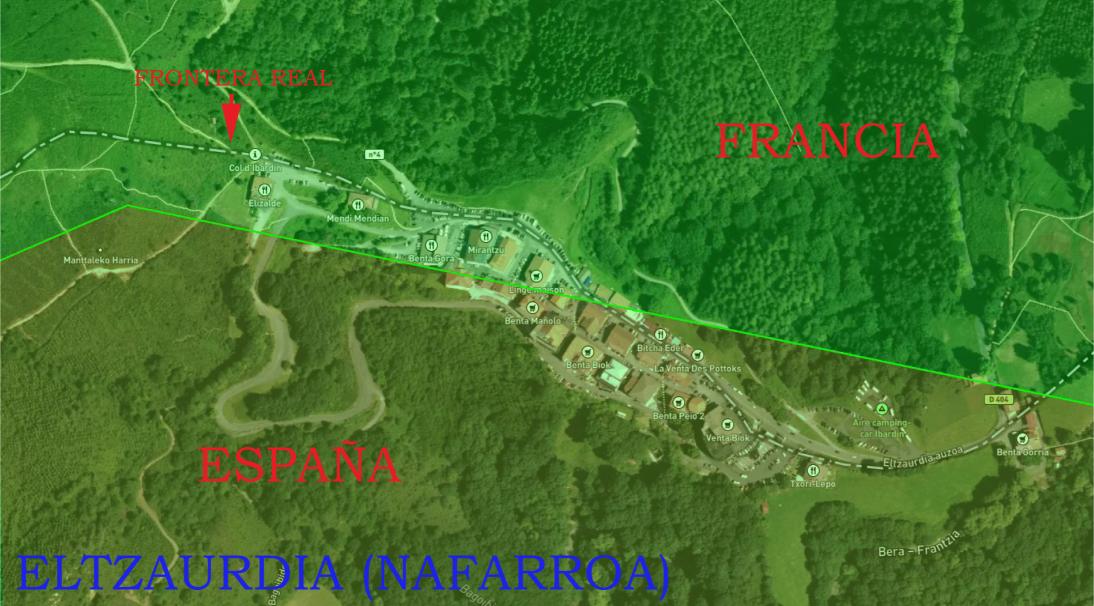 Mapa de vista aérea con cartografía que detalla la frontera entre España y Francia cerca de Eltzaurdia, Navarra, con áreas y carreteras etiquetadas.