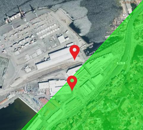 Mapa con dos puntos de ubicación rojos en Porto de Marín, que muestran áreas con una superposición verde, mostrando técnicas avanzadas de cartografía.