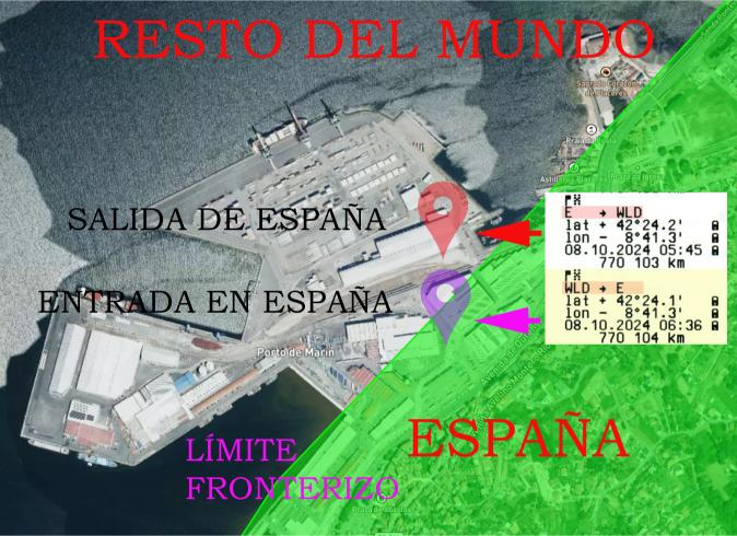 Mapa satelital que muestra la frontera de España, con puntos de entrada y salida marcados, mejorado mediante cartografía de segunda generación.