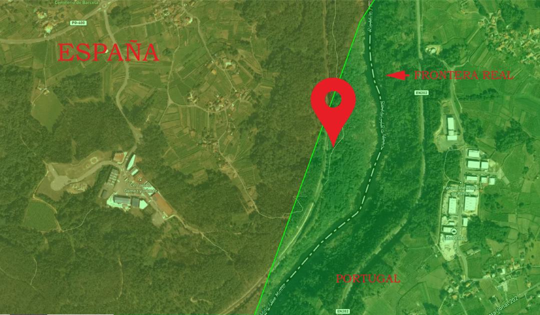 Un mapa satelital que muestra la frontera entre España y Portugal, mejorado con cartografía de segunda generación, está marcado con un gran pin rojo.