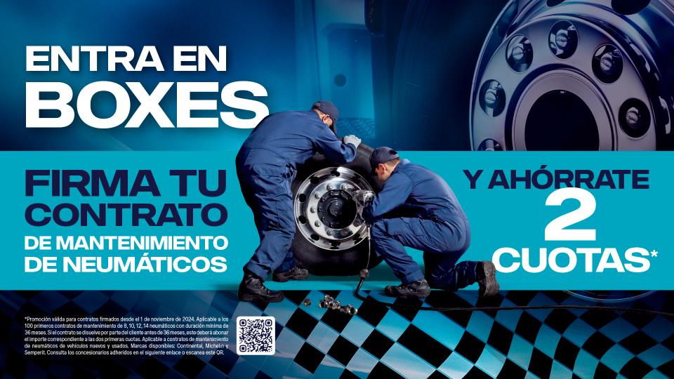 Dos mecánicos trabajando en un neumático grande. El texto promociona un contrato de mantenimiento de neumáticos con dos cuotas gratuitas.