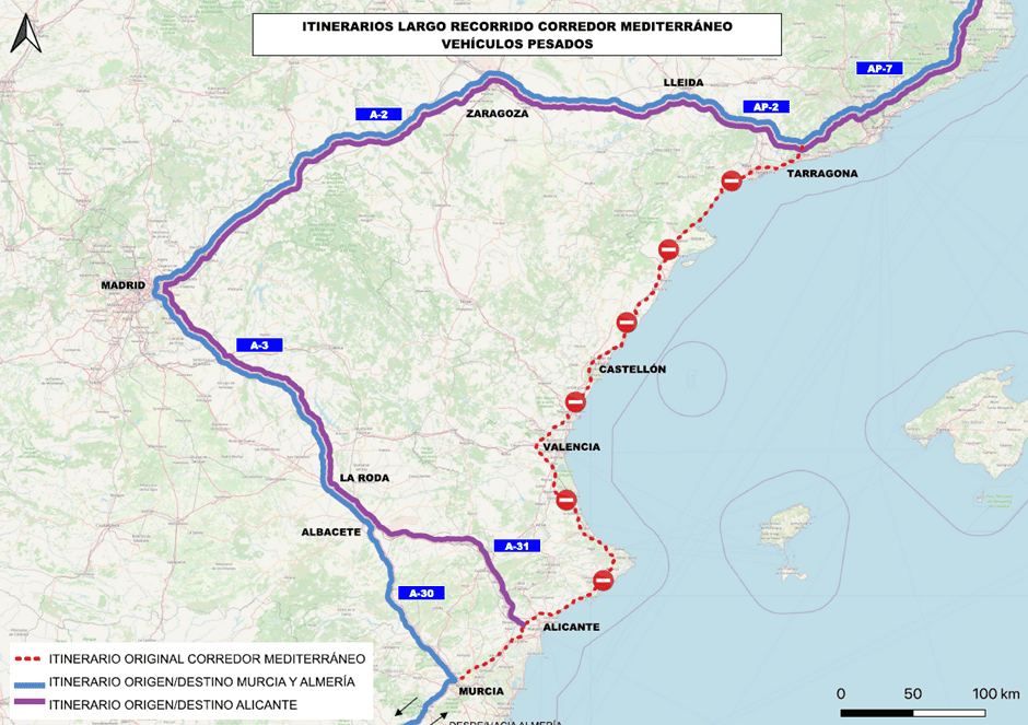 Mapa de España que detalla rutas alternativas para el transporte de larga distancia a lo largo del corredor mediterráneo, destacando la circulación de camiones cerca del área metropolitana de Valencia.