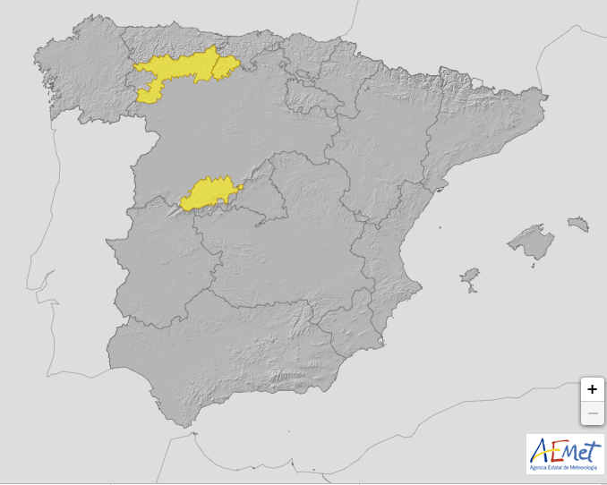 Mapa de España destacando dos regiones en amarillo hacia el norte y el centro, donde los chubascos aparecen con frecuencia.