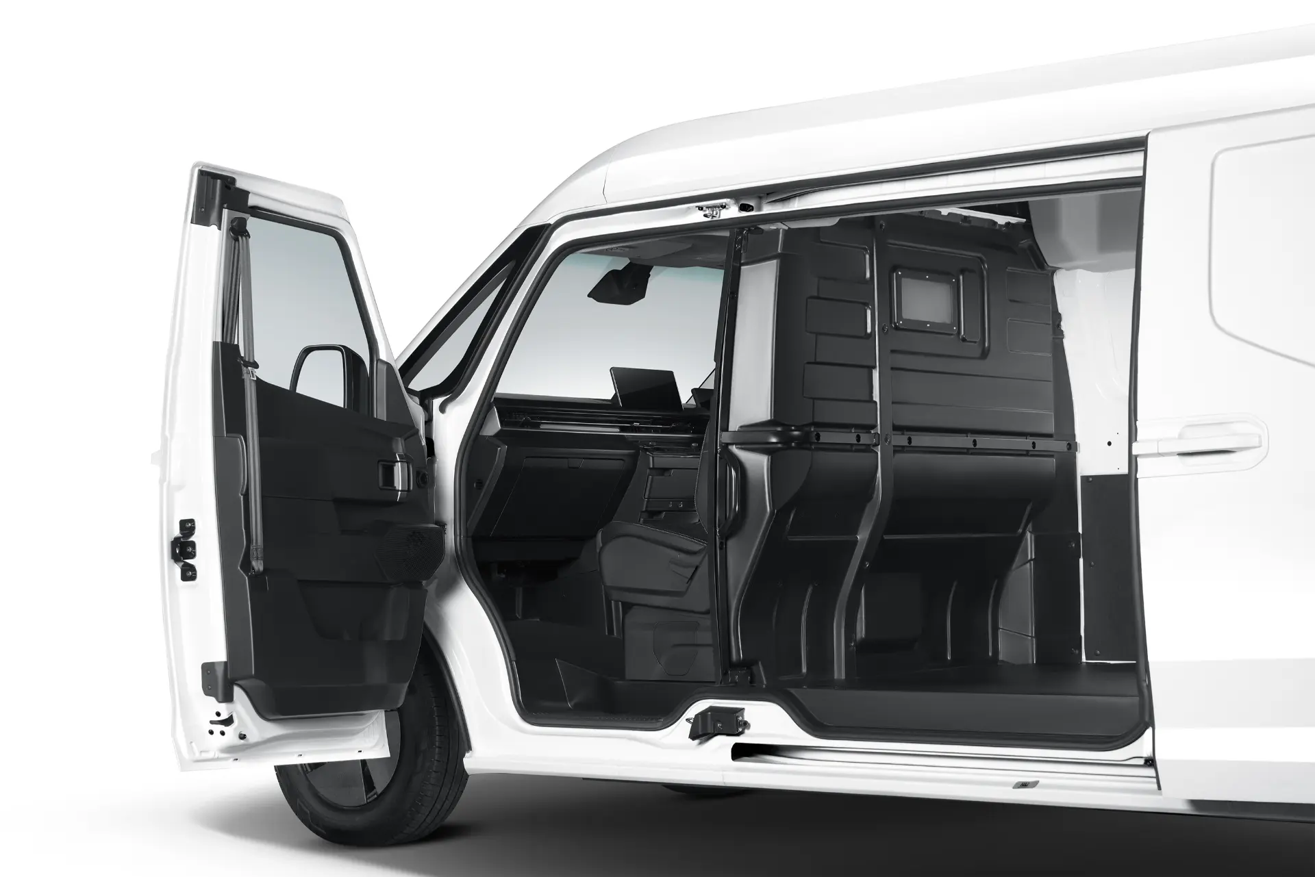 La furgoneta blanca cuenta con una puerta corrediza que se abre hacia un interior negro, con cabinas separadas para el conductor y los pasajeros. Es como un "borrador automático" de diseño elegante y funcional.