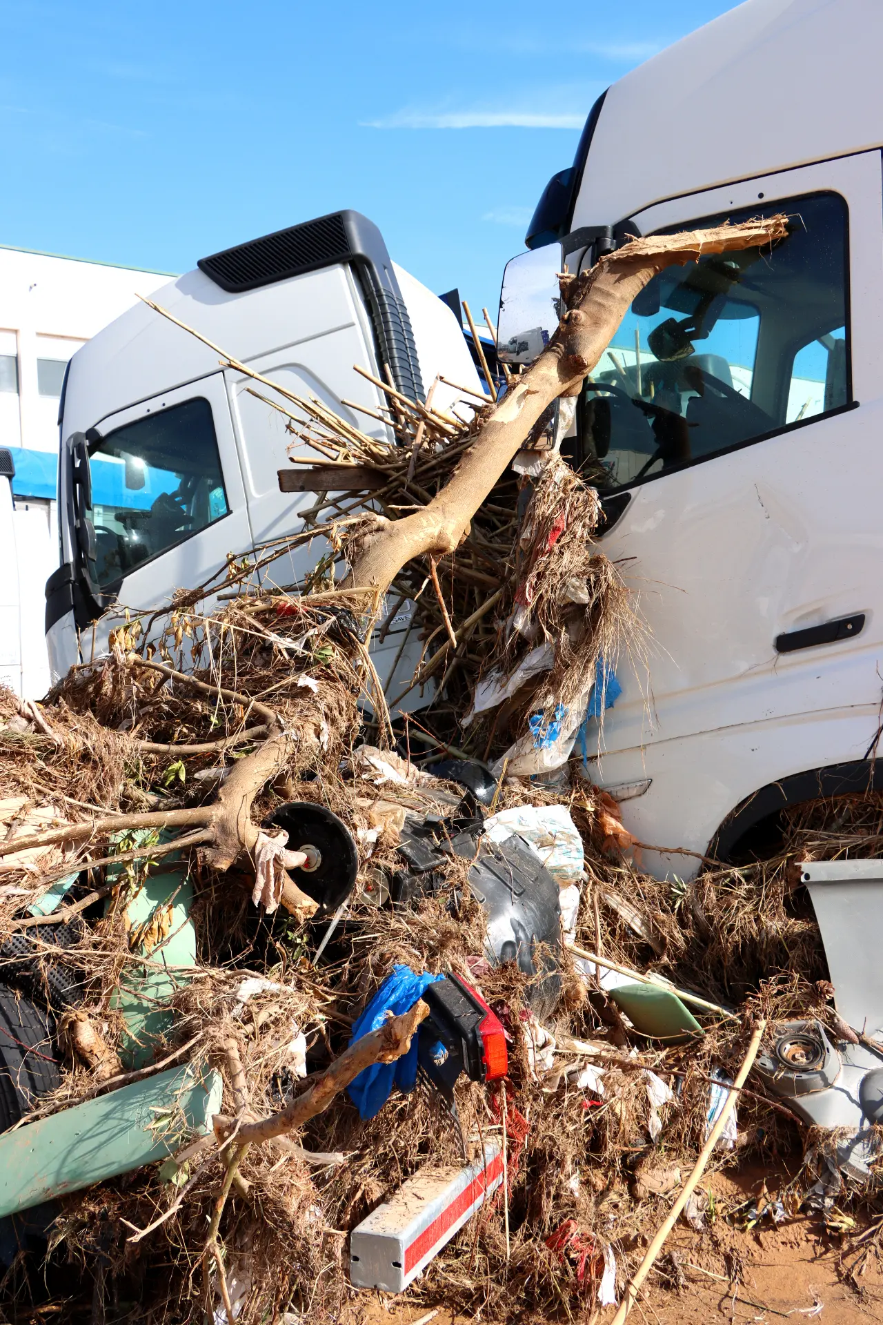 Bajo un cielo azul claro, dos camiones del sector del transporte resultaron dañados por escombros de la inundación, entre ellos ramas y objetos metálicos.