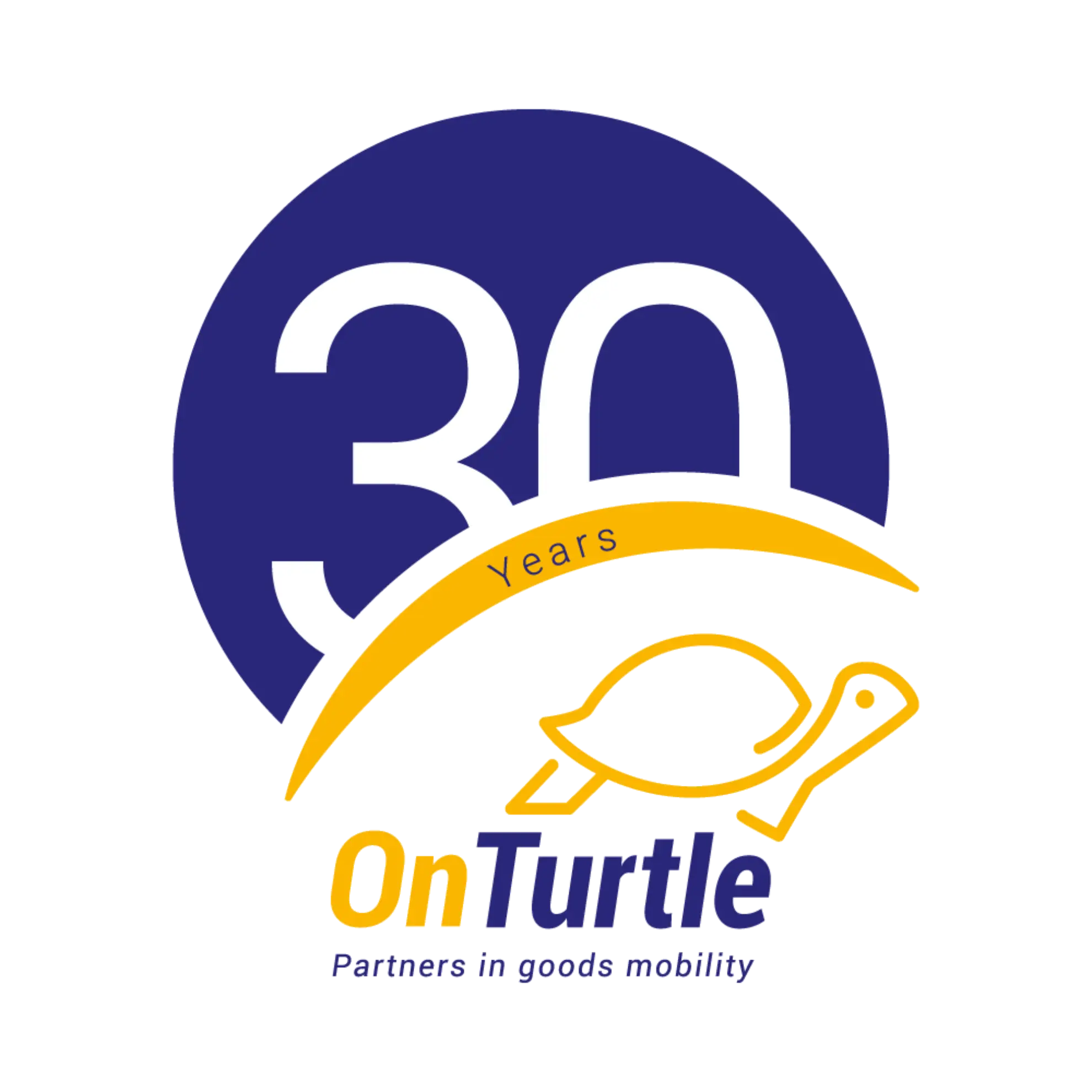 Logotipo con "30 años", un gráfico de tortuga y el texto "OnTurtle - Socios en movilidad de mercancías", destacando las tarjetas de combustible para camiones para ayudar a controlar los gastos de los transportistas.