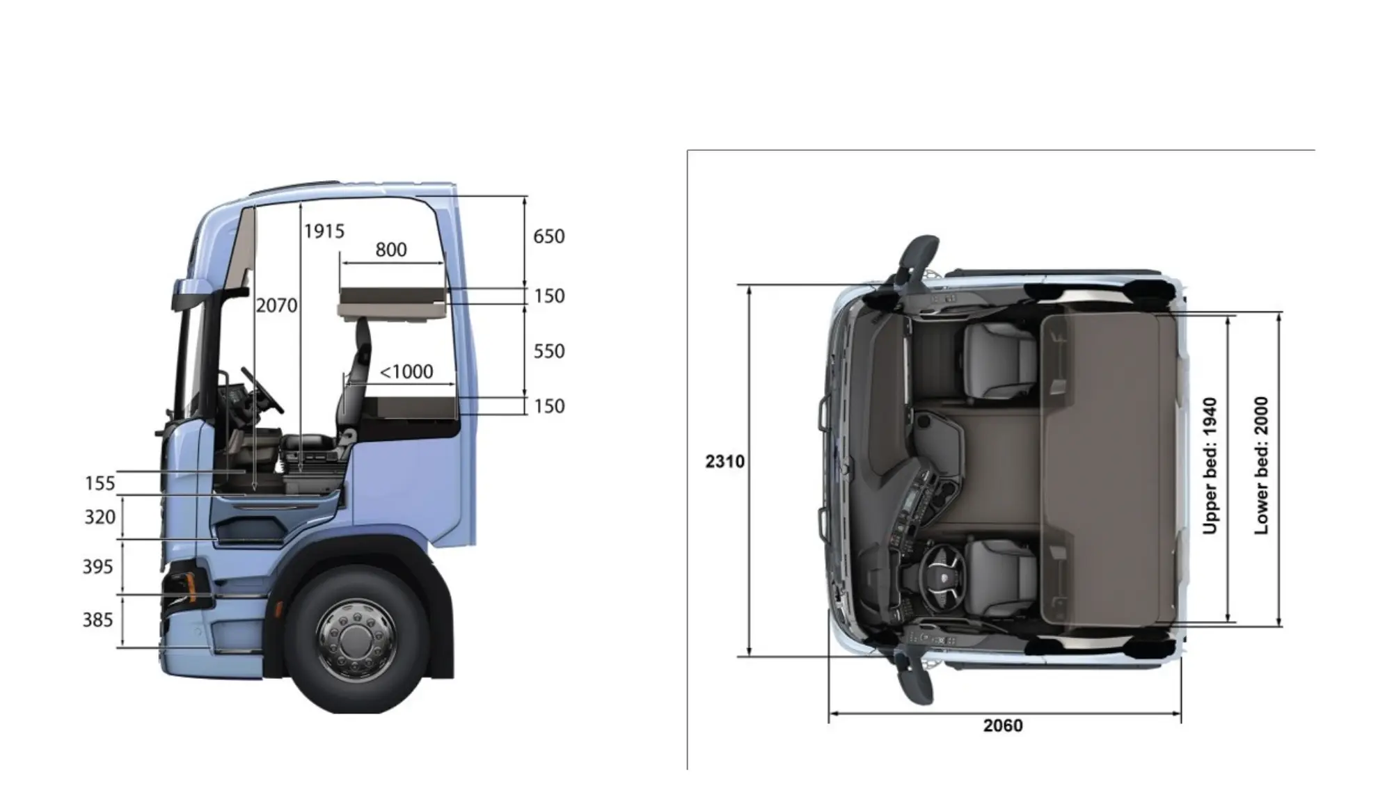 Diagramas de vista lateral y superior de una cabina de camión con medidas interiores y exteriores etiquetadas en milímetros, creados con un borrador automático.
