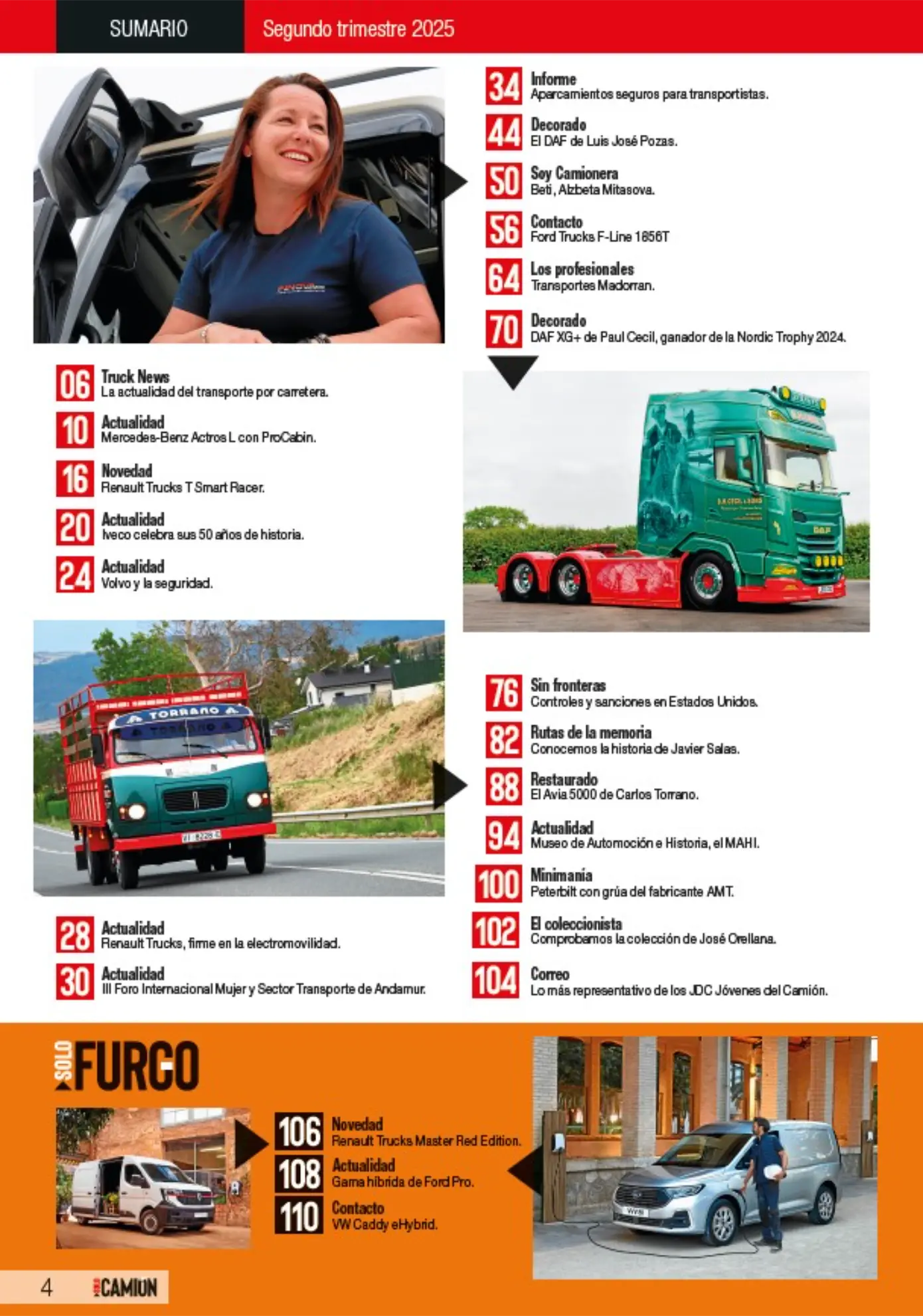 Página de contenido de la revista con fotografías de una mujer, camiones y un automóvil, además de un texto que enumera los títulos de los artículos y los números de página.