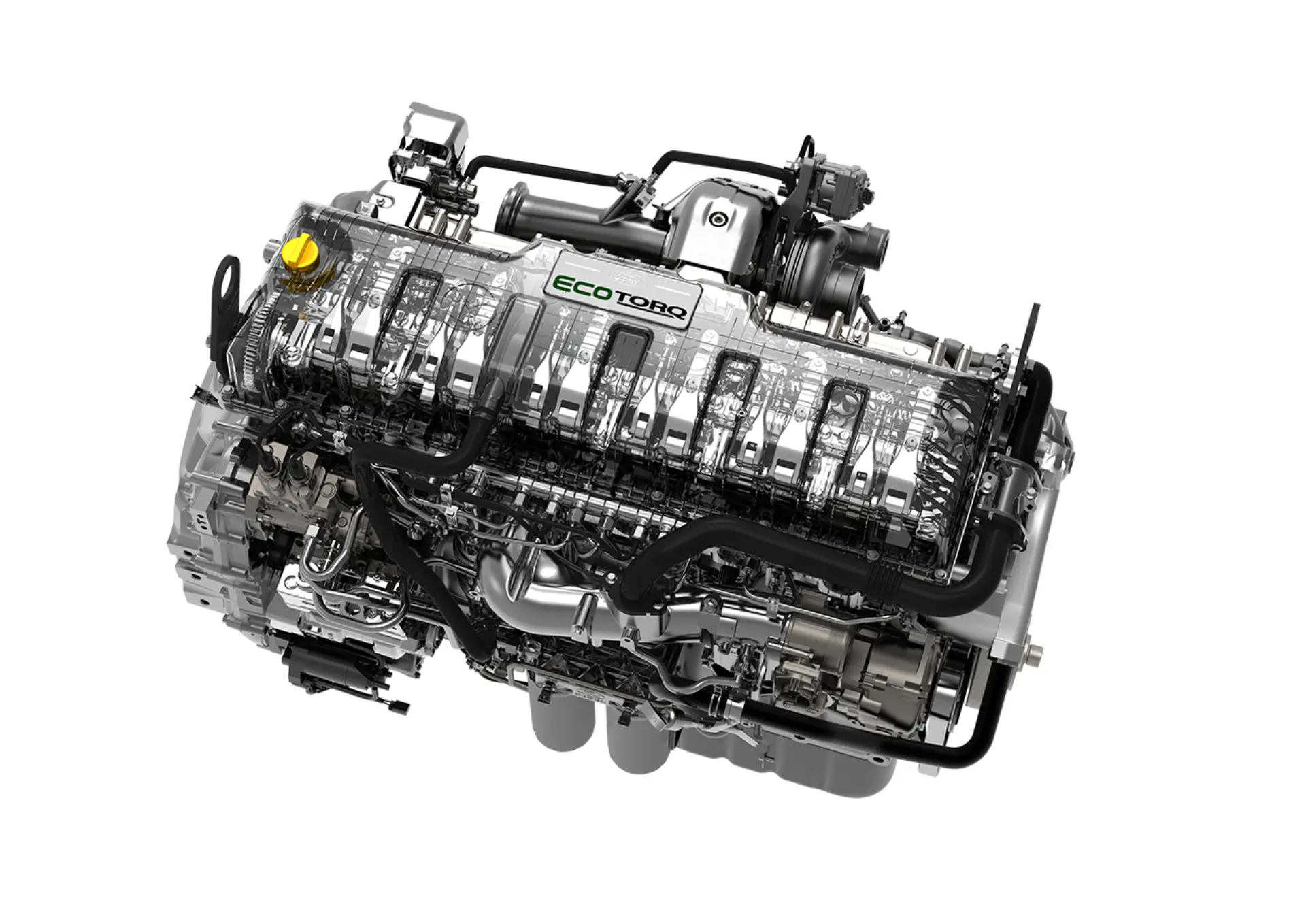 Vista aérea de un moderno motor de camión diésel Ecotorq con componentes visibles y detalles intrincados, que muestra ventajas de cambio de 16 velocidades para un mejor rendimiento y eficiencia.