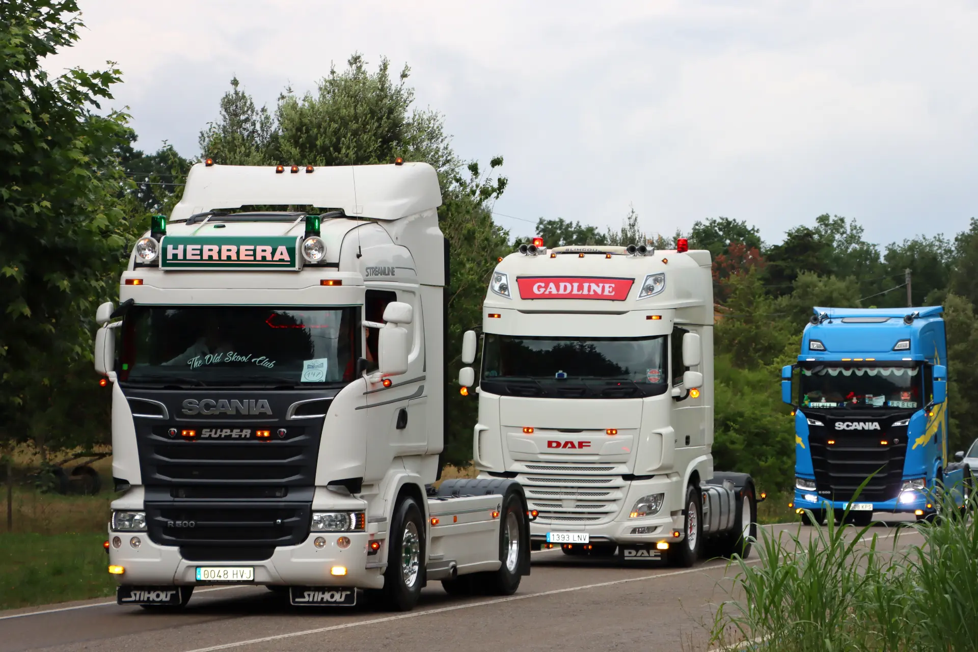 Tres grandes camiones recorren una carretera bordeada de árboles en Olot, dos blancos y uno azul, bajo un cielo nublado.
