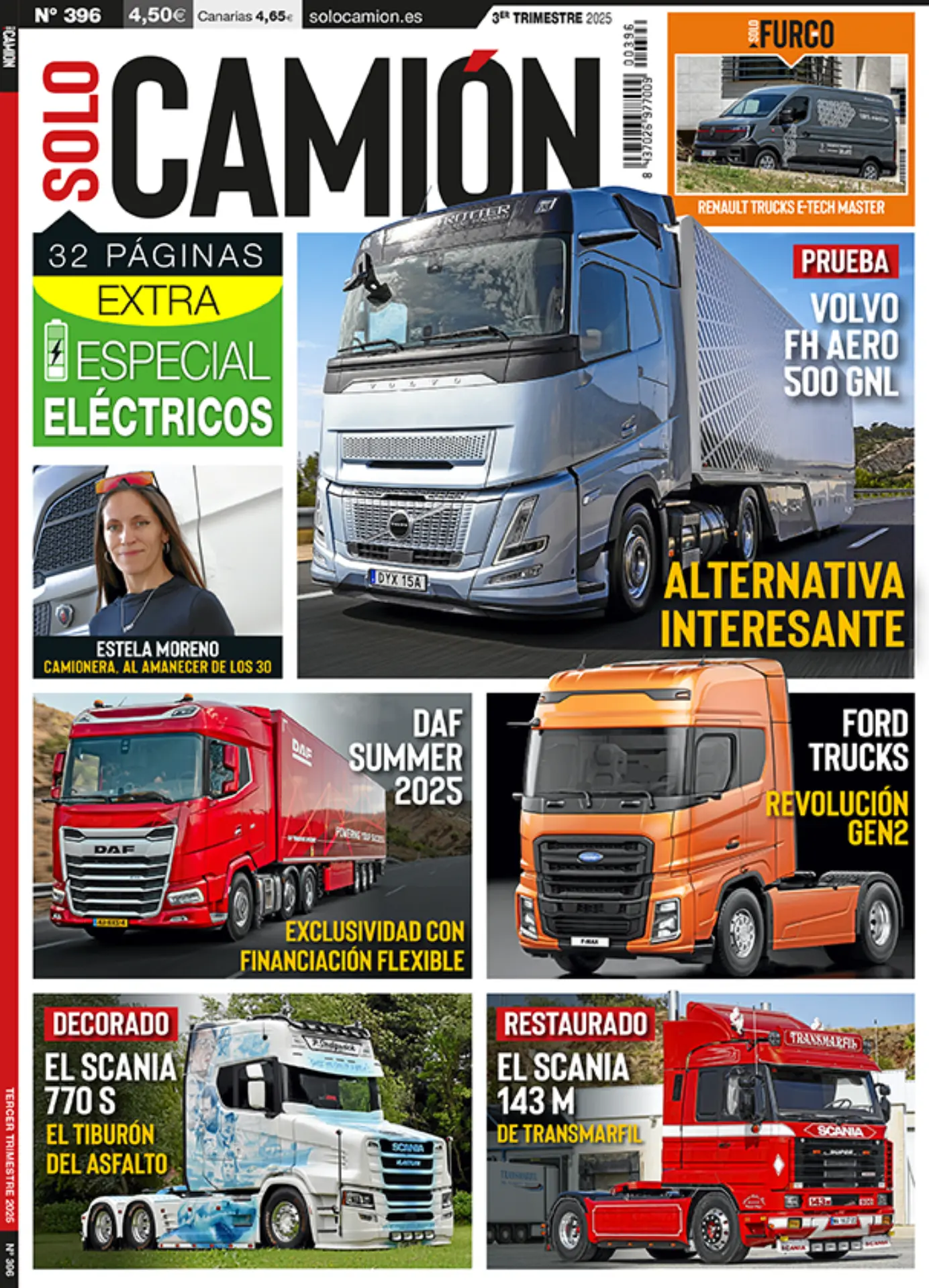 Portada de la revista española Solo Camión con varios camiones grandes, titulares y artículos destacados sobre modelos de camiones como el Camión 396.