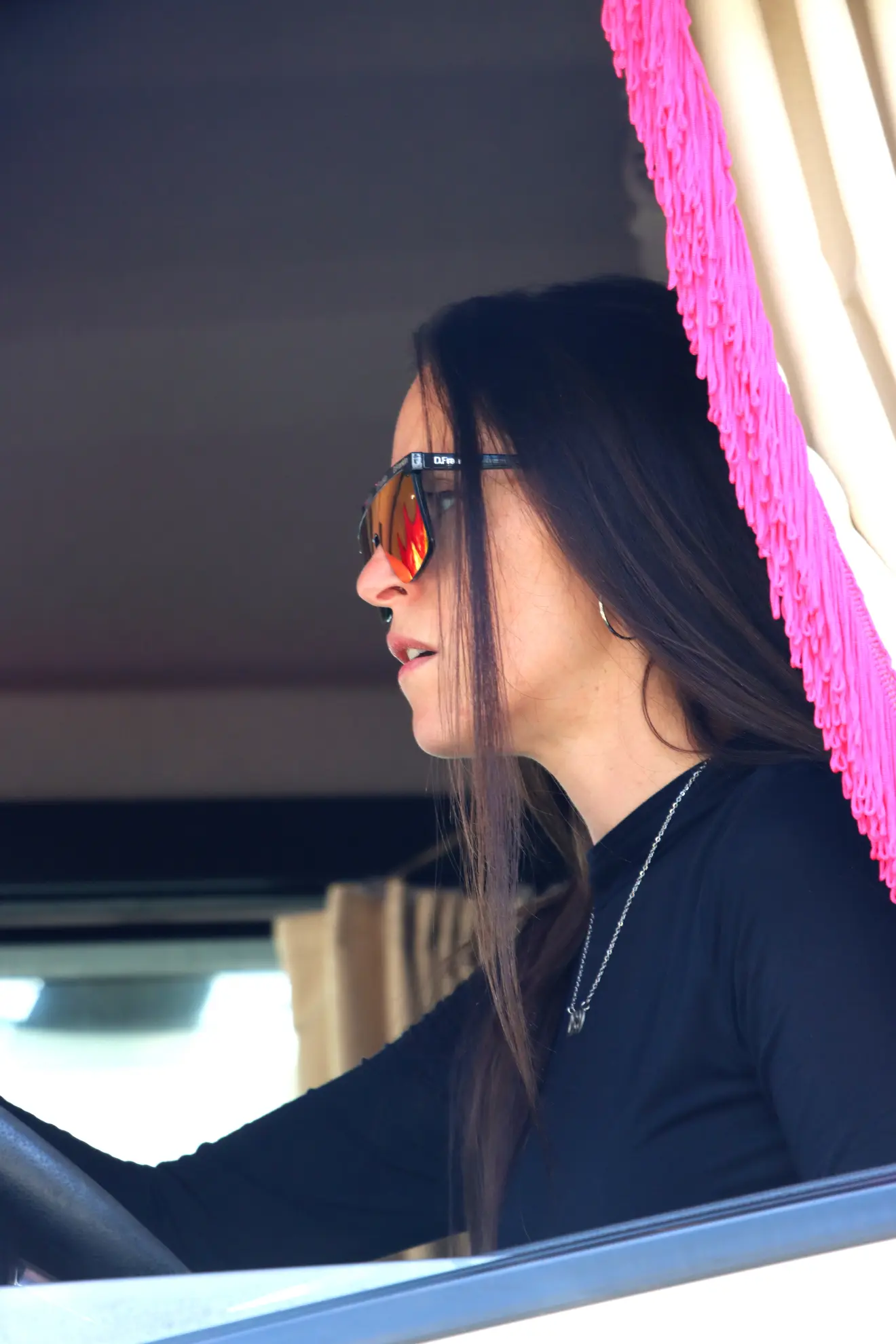 Mujer con gafas de sol y pelo largo y oscuro conduciendo, vista a través de una ventana con cortinas de flecos rosas, como captada por un borrador automático.