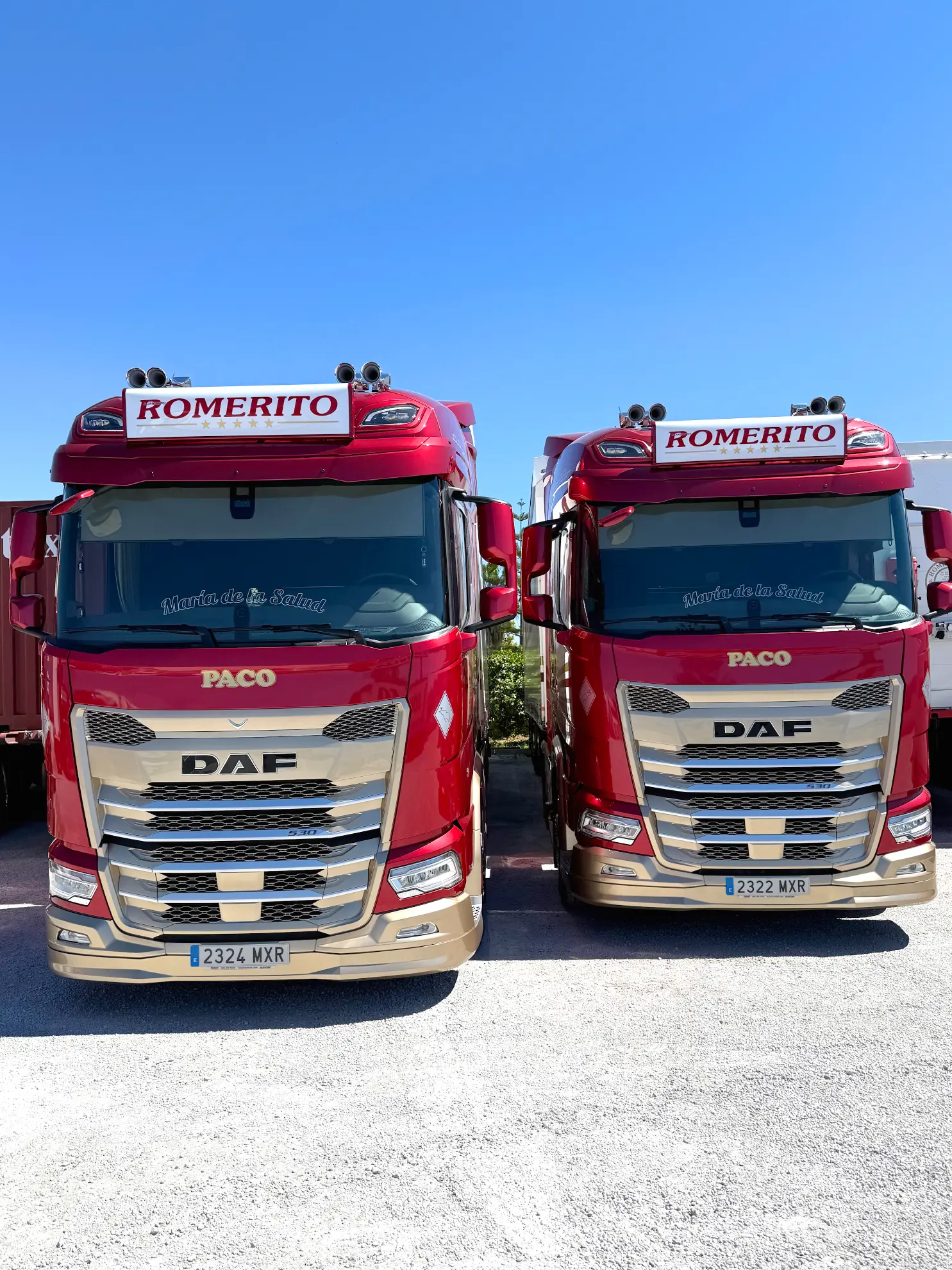 Dos camiones DAF rojos con las etiquetas "ROMERITO" y "PACO", de Transportes Romerito, están aparcados uno al lado del otro bajo un cielo azul despejado: transportes de mercancías fiables de una de las empresas de confianza de Málaga.