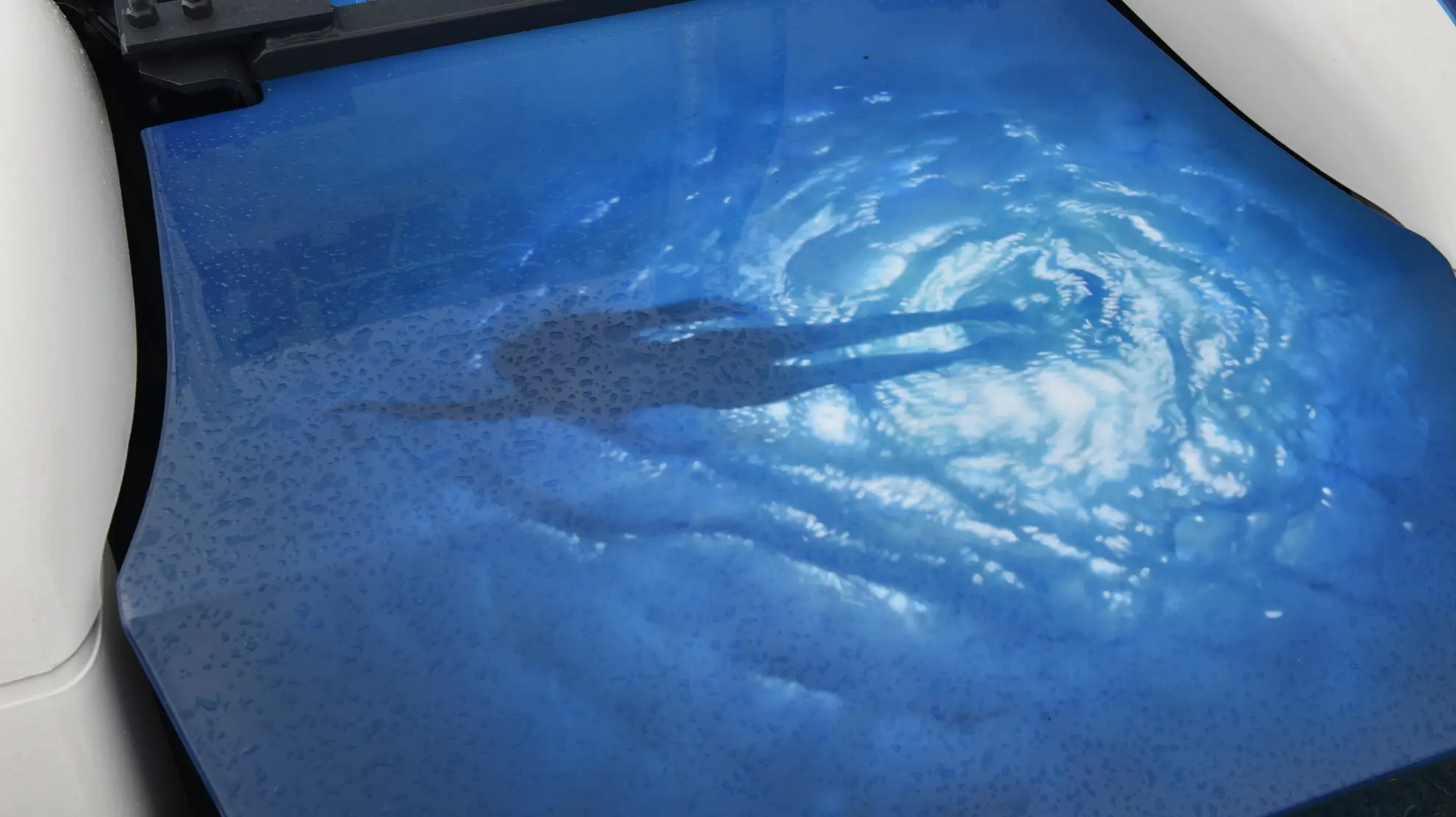 La sombra de un nadador aparece bajo el agua en un estanque con ondulaciones y patrones de luz solar por encima; su forma recuerda a un Tiburón deslizándose bajo la superficie.