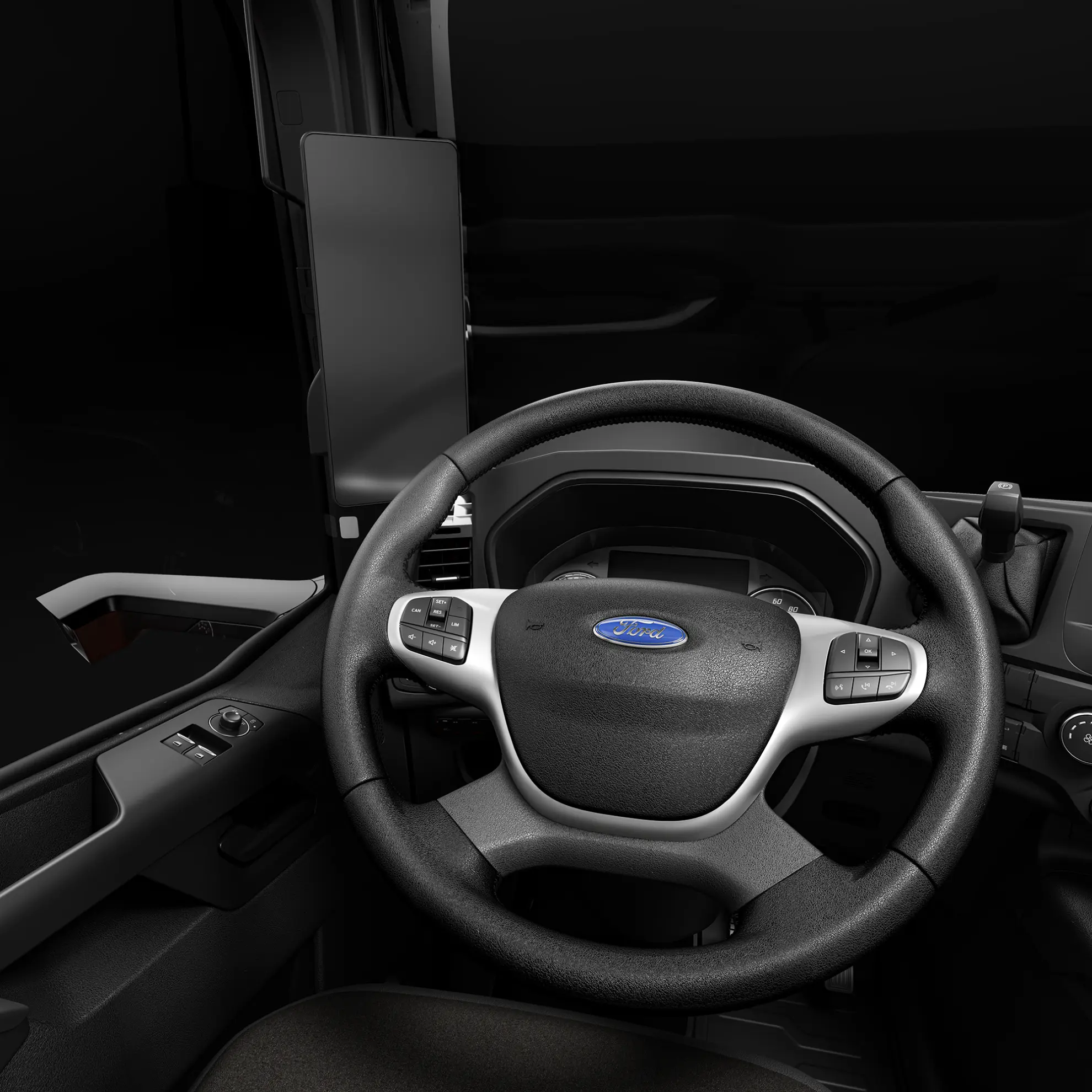 Primer plano del volante de un camión Ford con los botones de control, el salpicadero y la ventanilla lateral visibles, destacando las características que se encuentran en el Nuevo Ford F-MAX 2025.