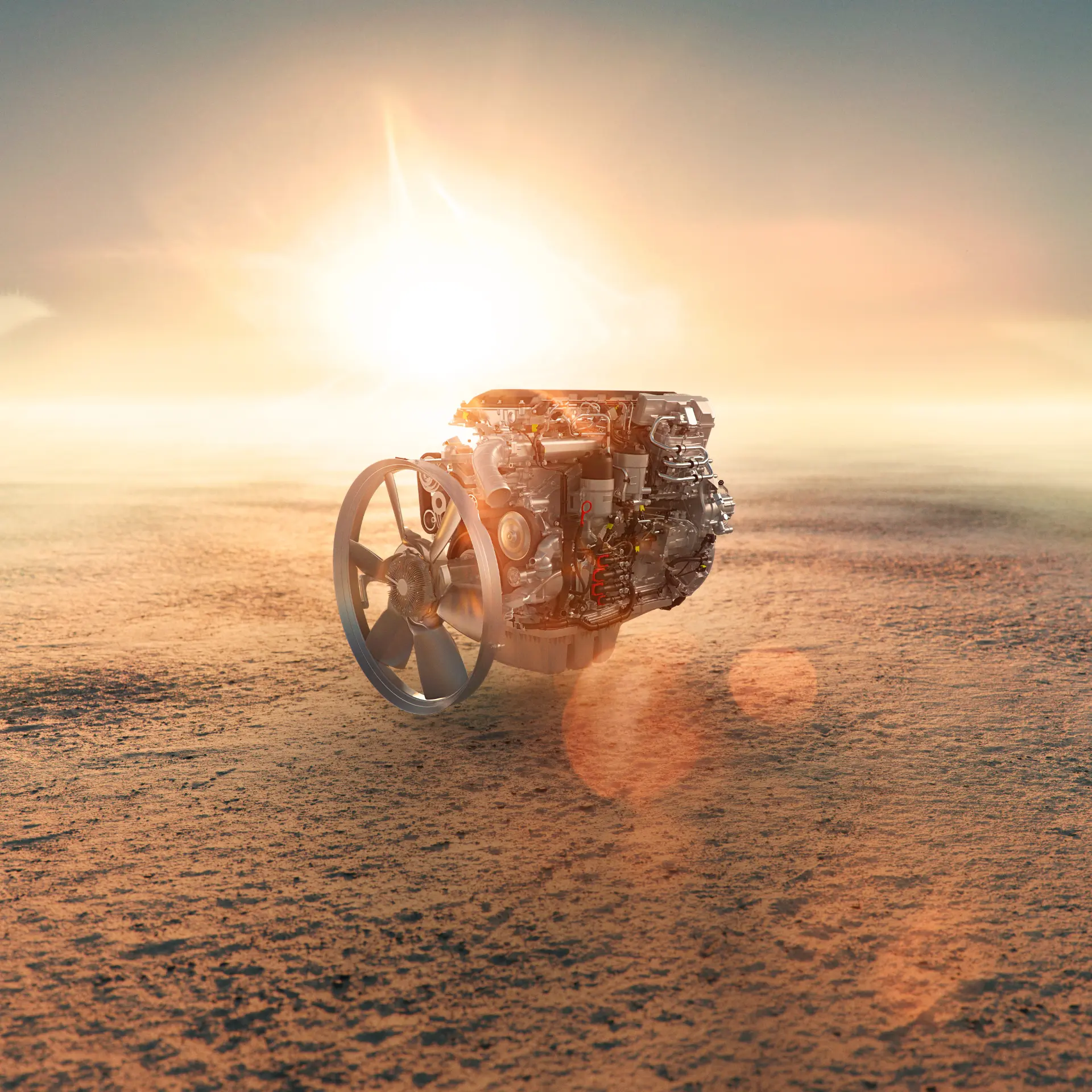 Un motor de coche con ruedas, como un borrador automático de innovación, se posa solitario en un árido paisaje desértico al amanecer con destellos de lente.