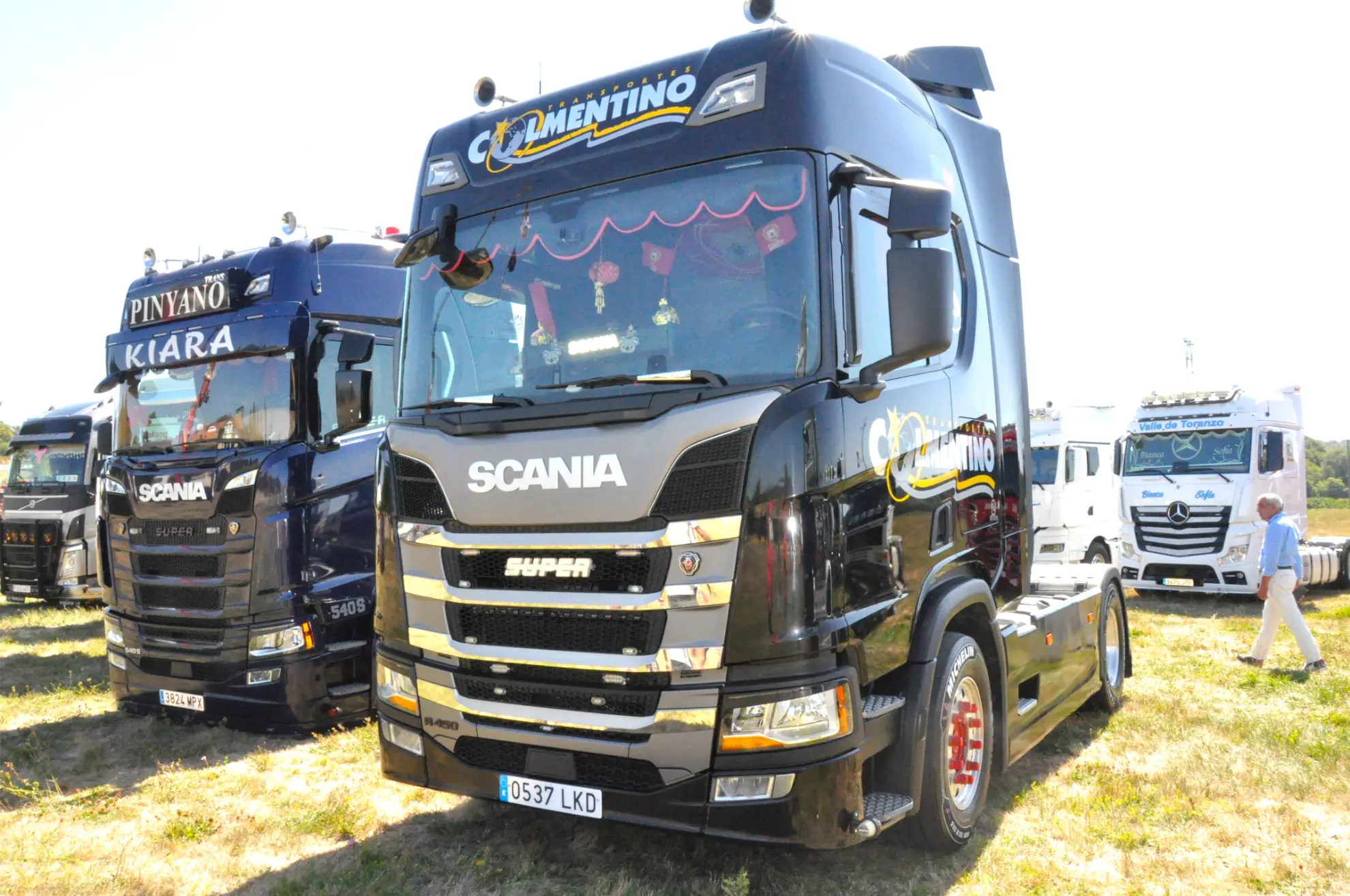 Tres camiones Scania decorados están aparcados sobre la hierba en la Quedada de Camiones Soncillo 2025, brillando bajo la intensa luz del sol.