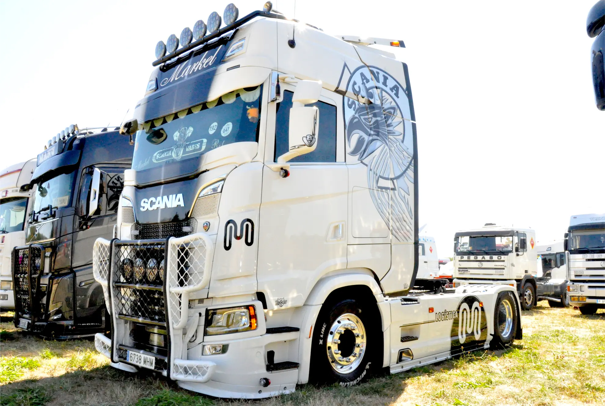 Semirremolque Scania blanco con gráficos personalizados aparcado sobre hierba entre otros camiones en la Quedada de Camiones Crónica Soncillo 2025 a plena luz del día.