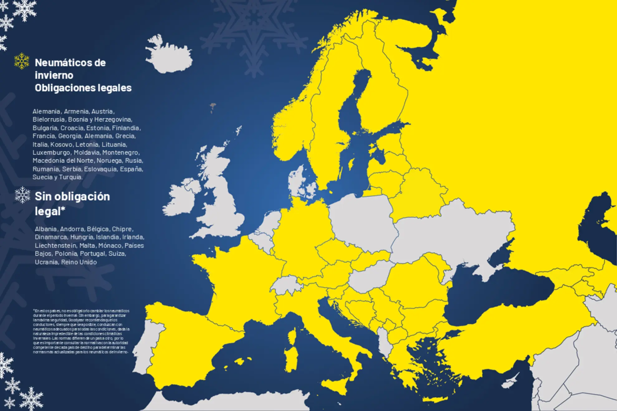 Mapa de Europa destacando en amarillo los países donde los neumáticos de invierno serán obligatorios en 2025.