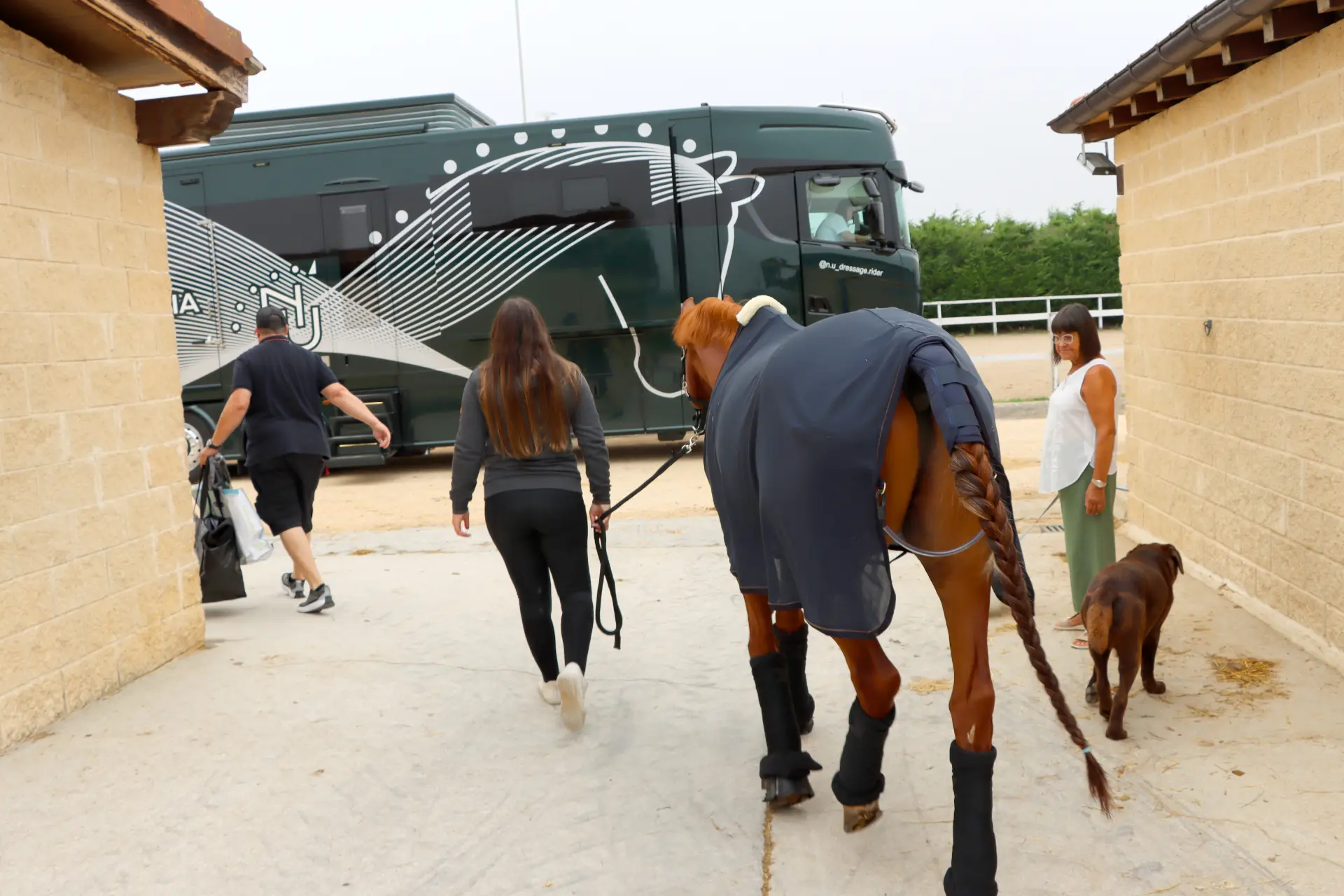 Una mujer conduce un caballo con equipo de protección, pasando junto a un perro y tres personas cerca de un gran vehículo verde equipado con un borrador automático.