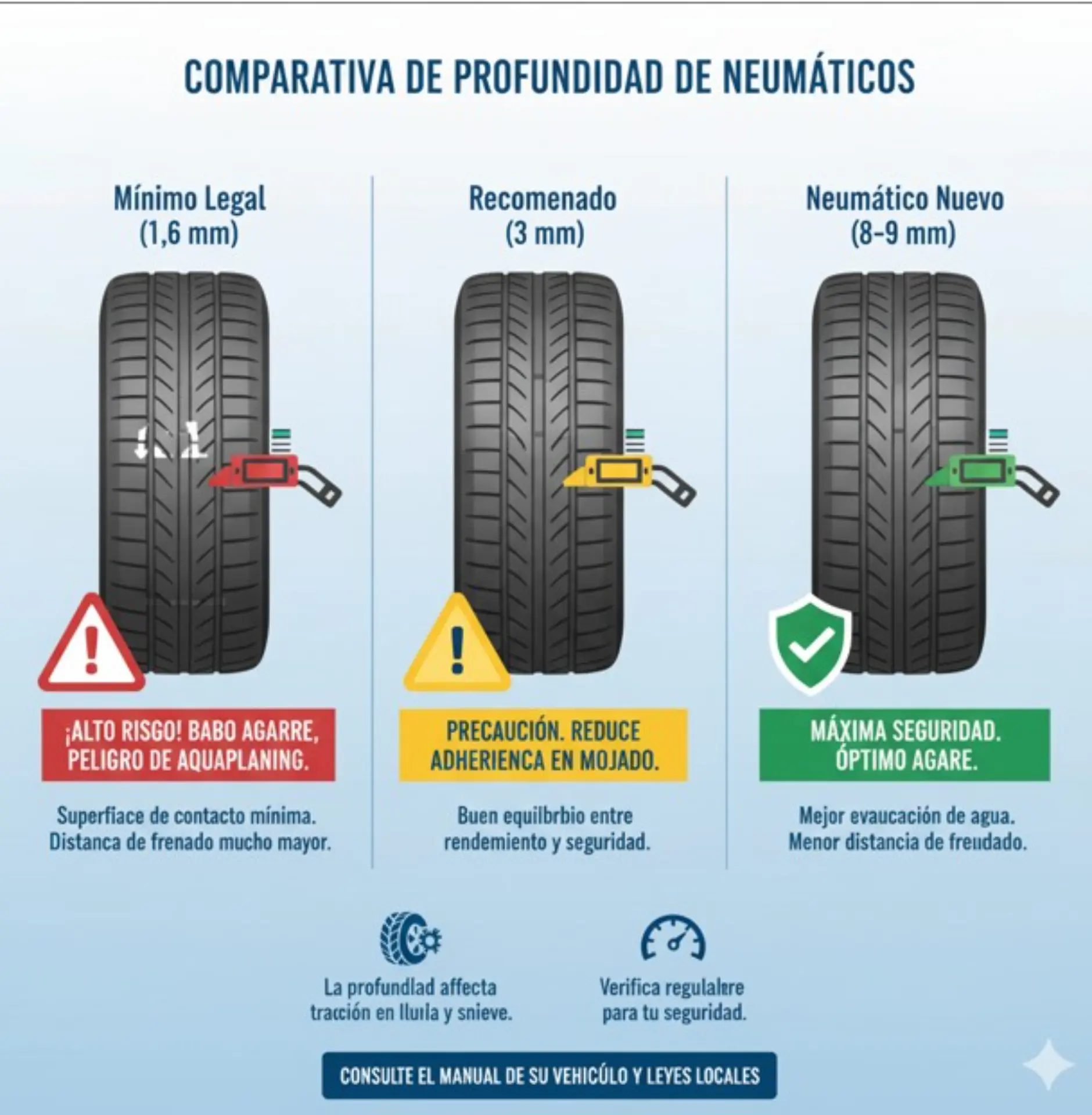 Tres neumáticos que muestran la profundidad del dibujo legal, recomendada y nueva con advertencias de seguridad codificadas por colores en español, perfecto para una revisión antes de salir a la carretera con tu camión.