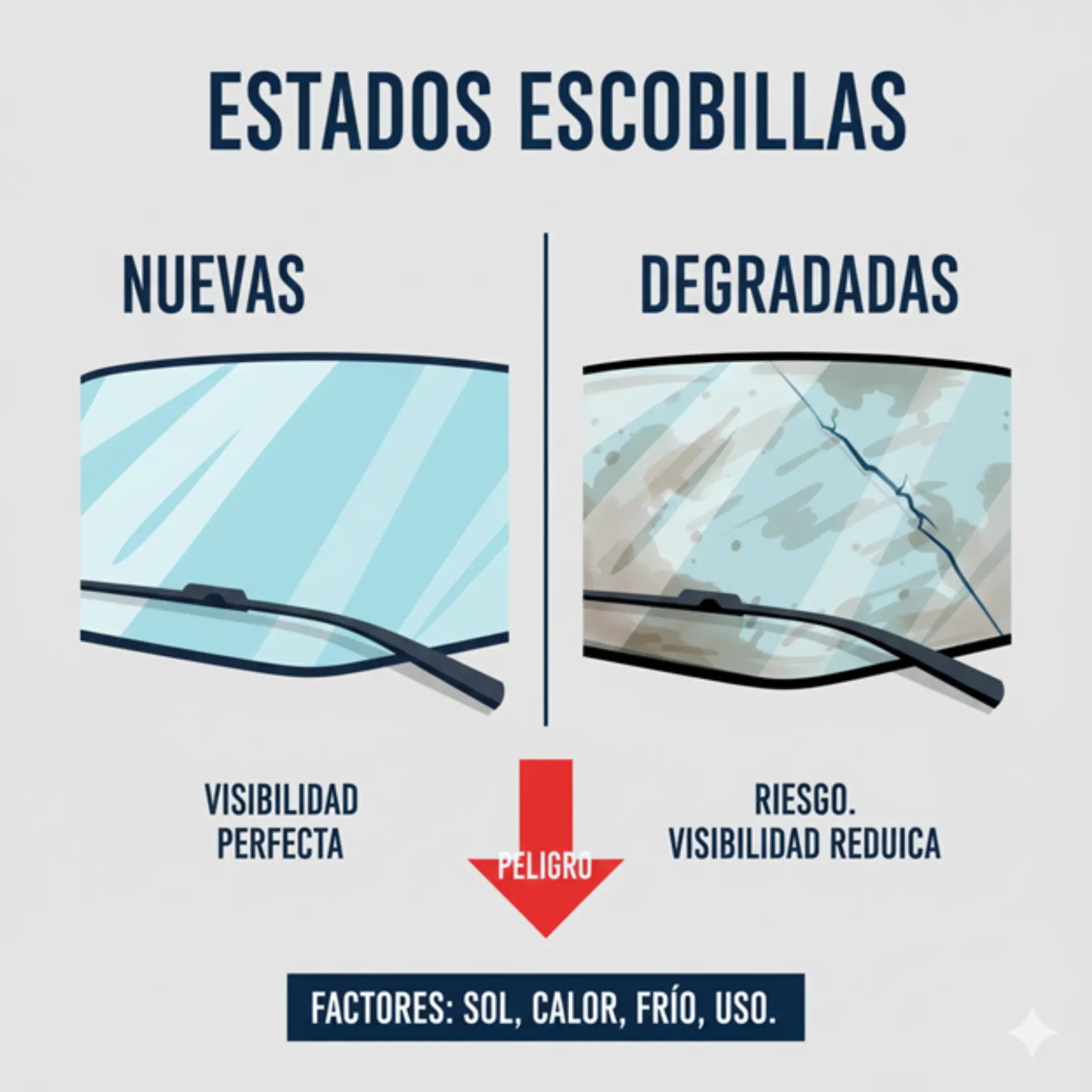 Dos parabrisas: el izquierdo es transparente con limpiaparabrisas nuevos, el derecho está rayado por el desgaste de las escobillas; comparación de visibilidad que puede afectar a la distancia de frenado en metros.