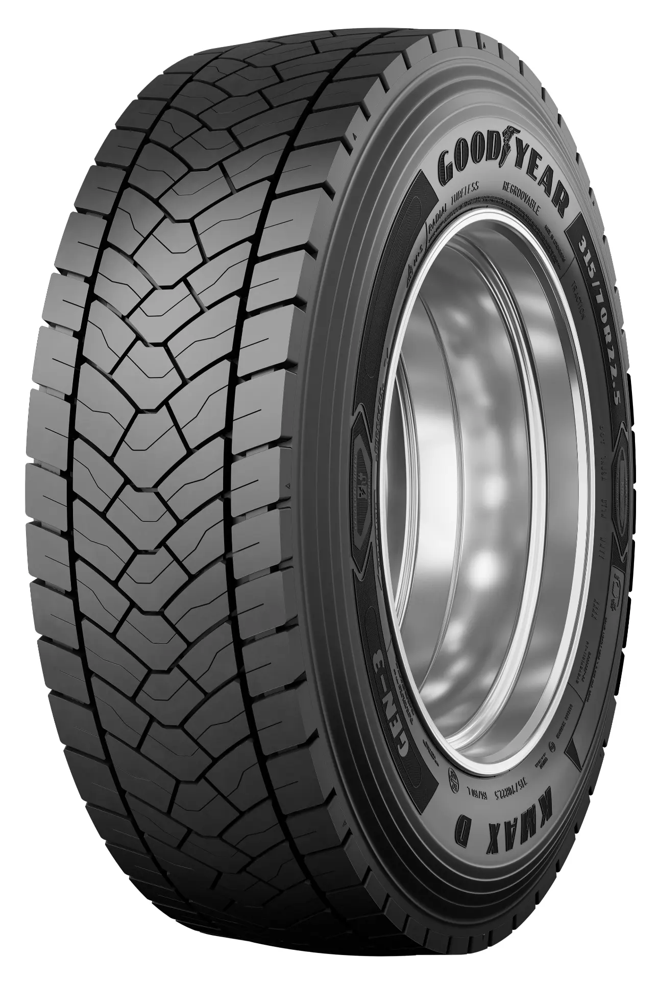 Neumático de camión Goodyear con banda de rodadura profunda, en posición vertical sobre fondo blanco.