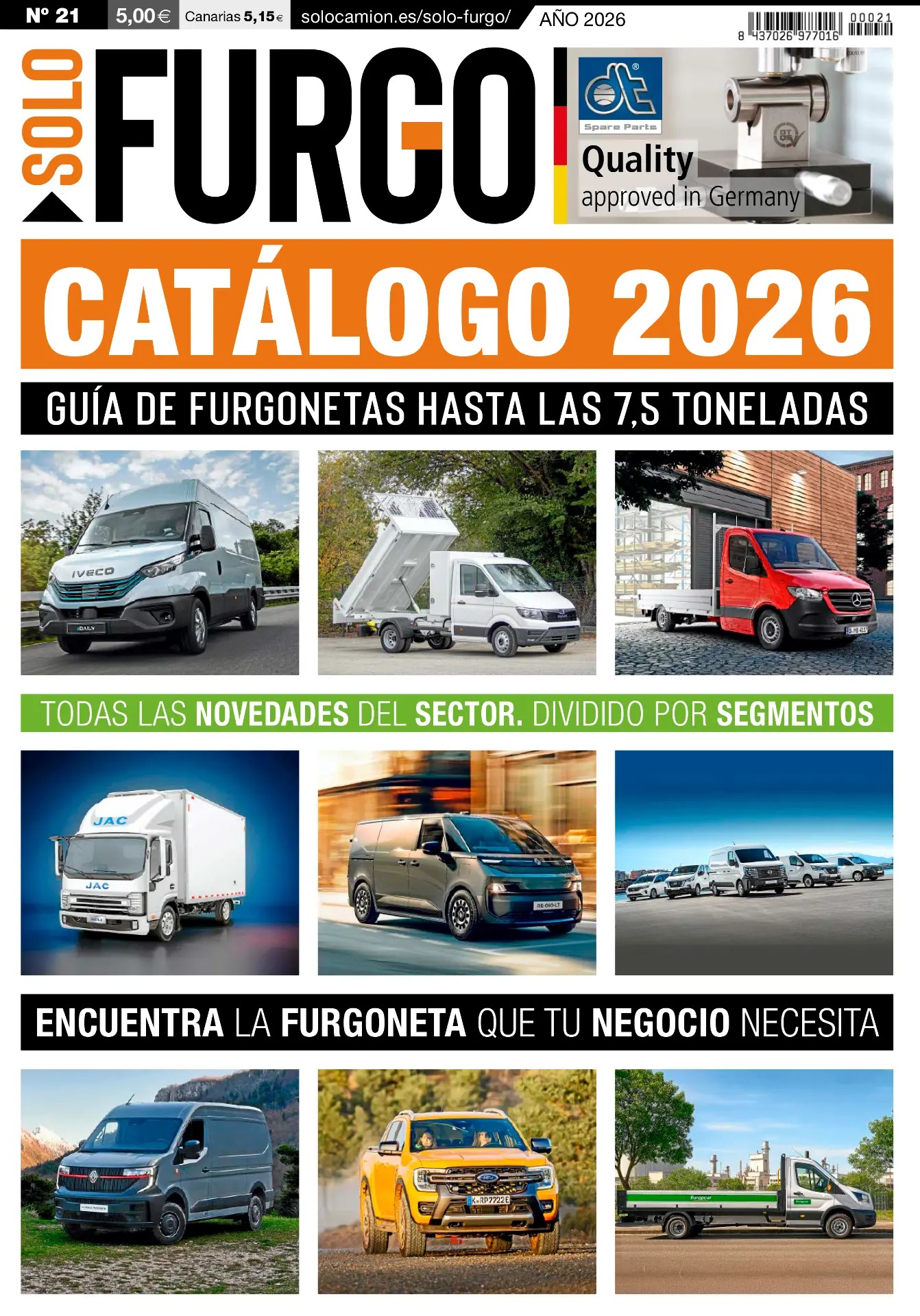 Portada de la revista catálogo de furgonetas Catálogo Solo Furgo 2026, con fotos de varias furgonetas comerciales y llamativos titulares en español.