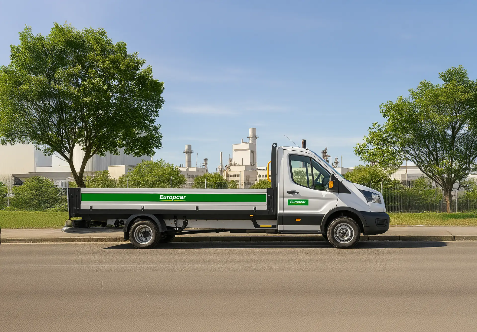 Un camión de plataforma de Europcar, rotulado con la leyenda "Borrador automático", está aparcado al borde de una carretera con árboles y edificios industriales al fondo.