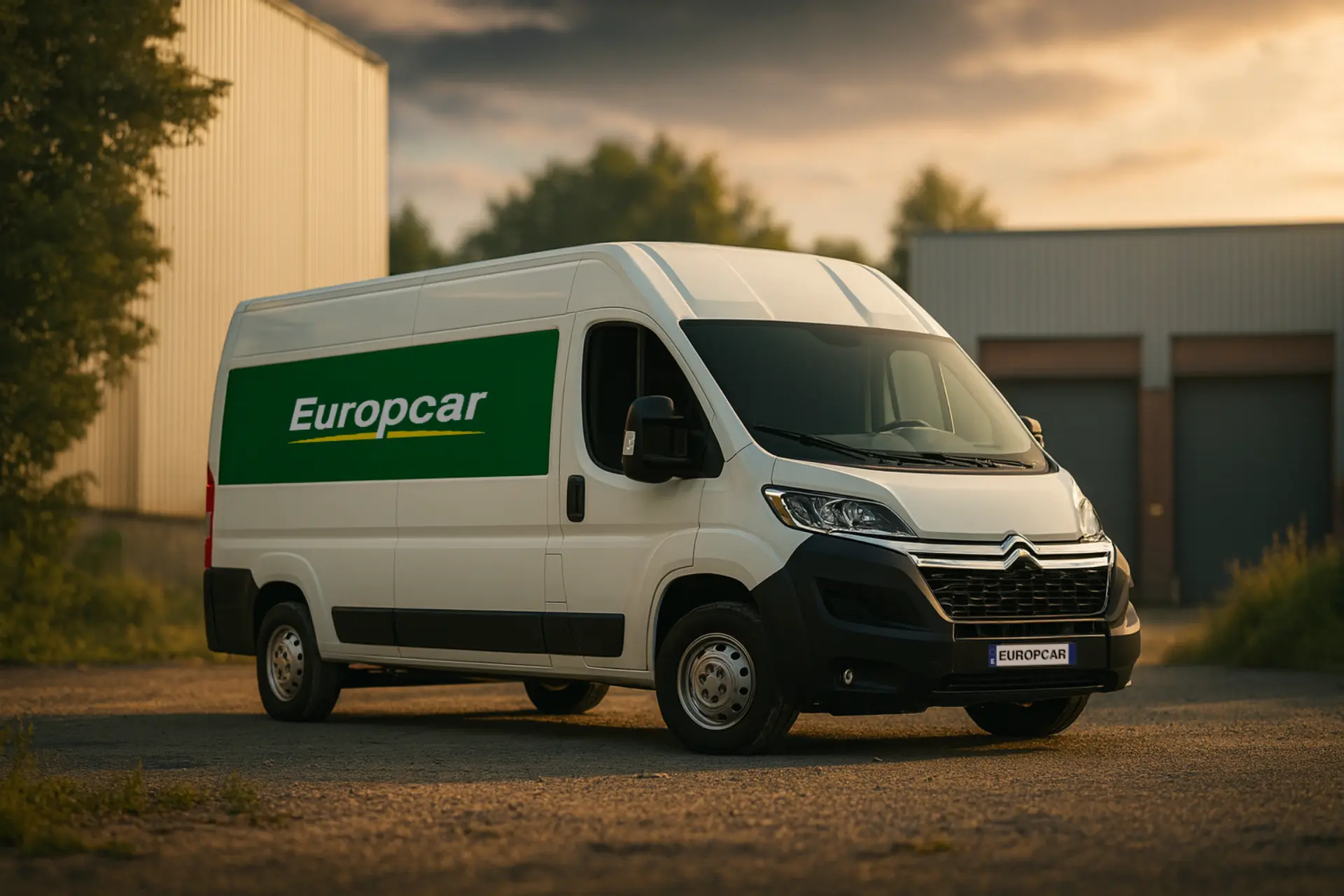 Una furgoneta blanca de alquiler Europcar, con borrador automático, aparcada al aire libre cerca de edificios industriales al atardecer.