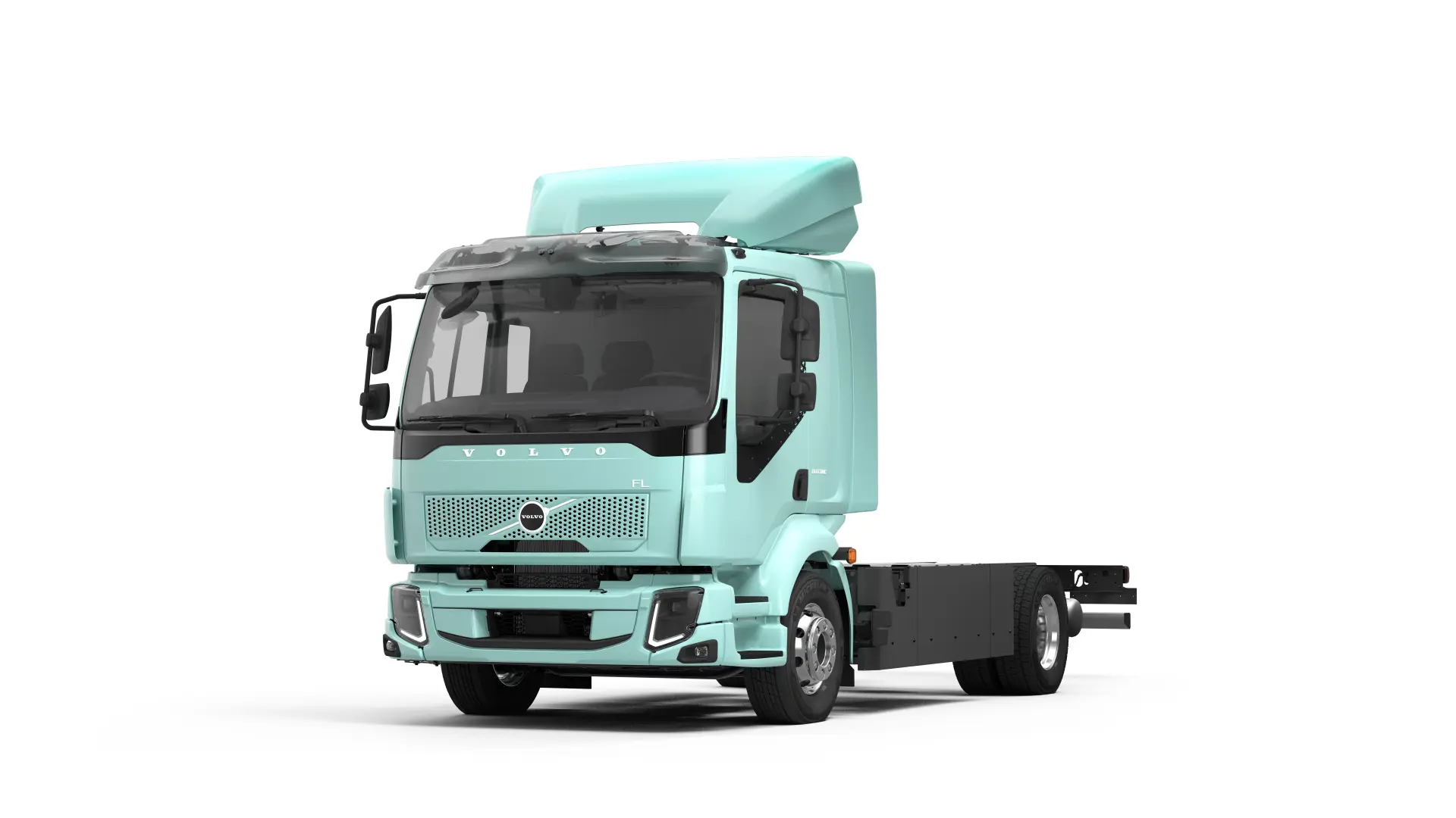 Cabina de camión Volvo FL azul claro sin caja de carga, mostrada sobre fondo blanco, con un diseño limpio ideal para aplicaciones de Borrador automático.