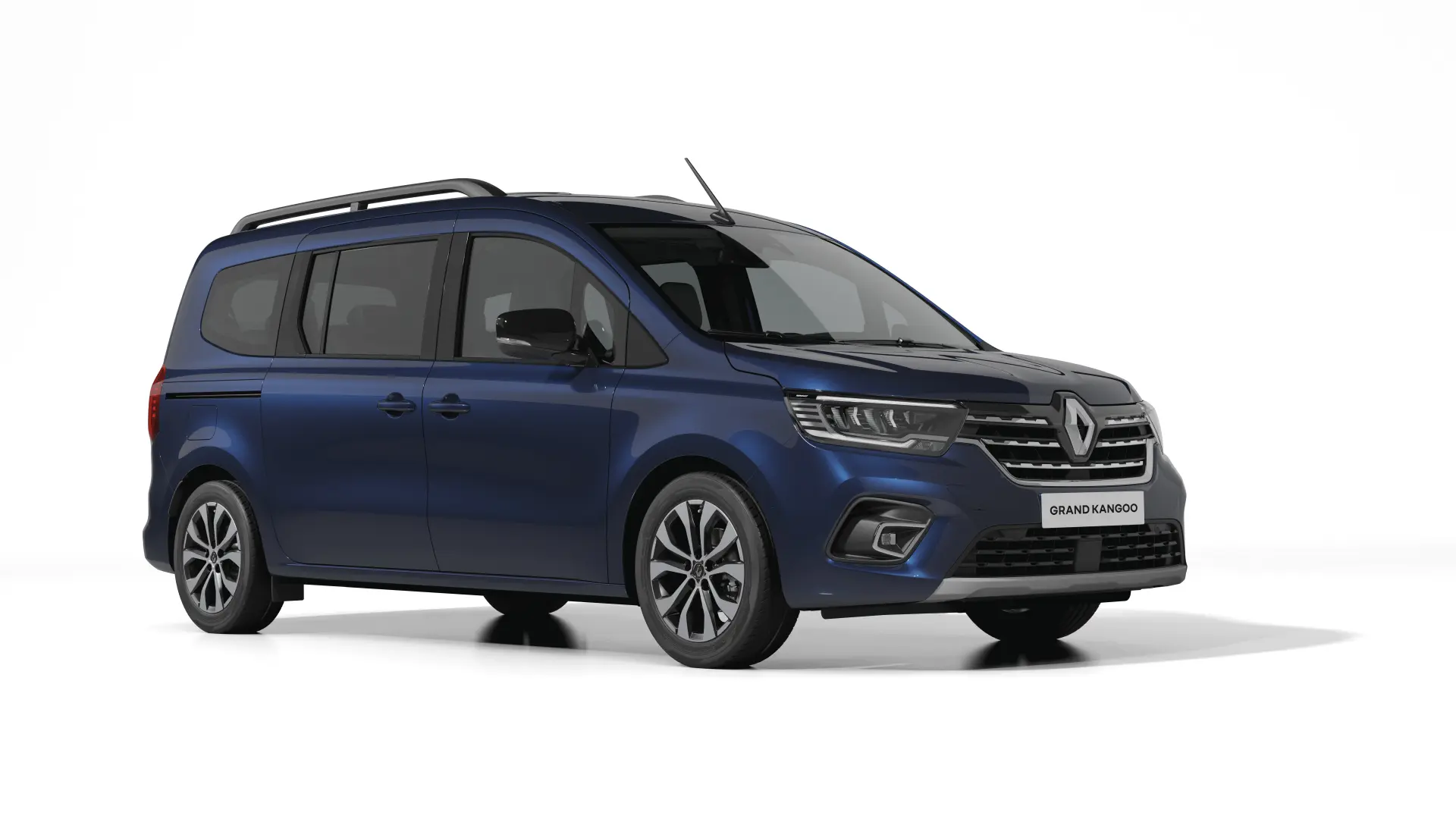 Un monovolumen Renault Grand Kangoo azul con Borrador automático se muestra desde un ángulo frontal sobre fondo blanco.