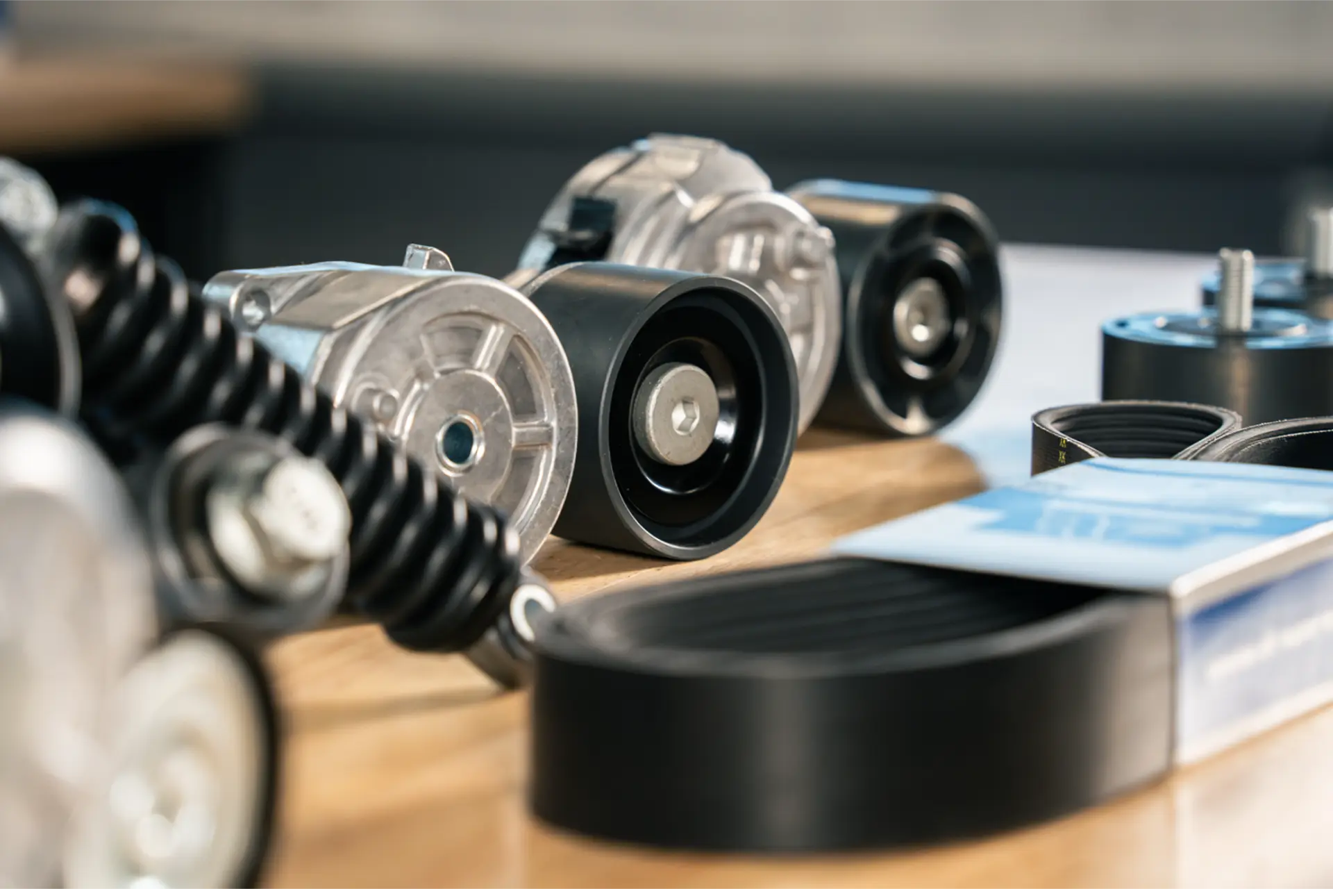 Primer plano de varias piezas del motor de un coche, incluidas correas y poleas, sobre una superficie de madera, ideal para sistemas de Borrador automático y reparaciones de automóviles.