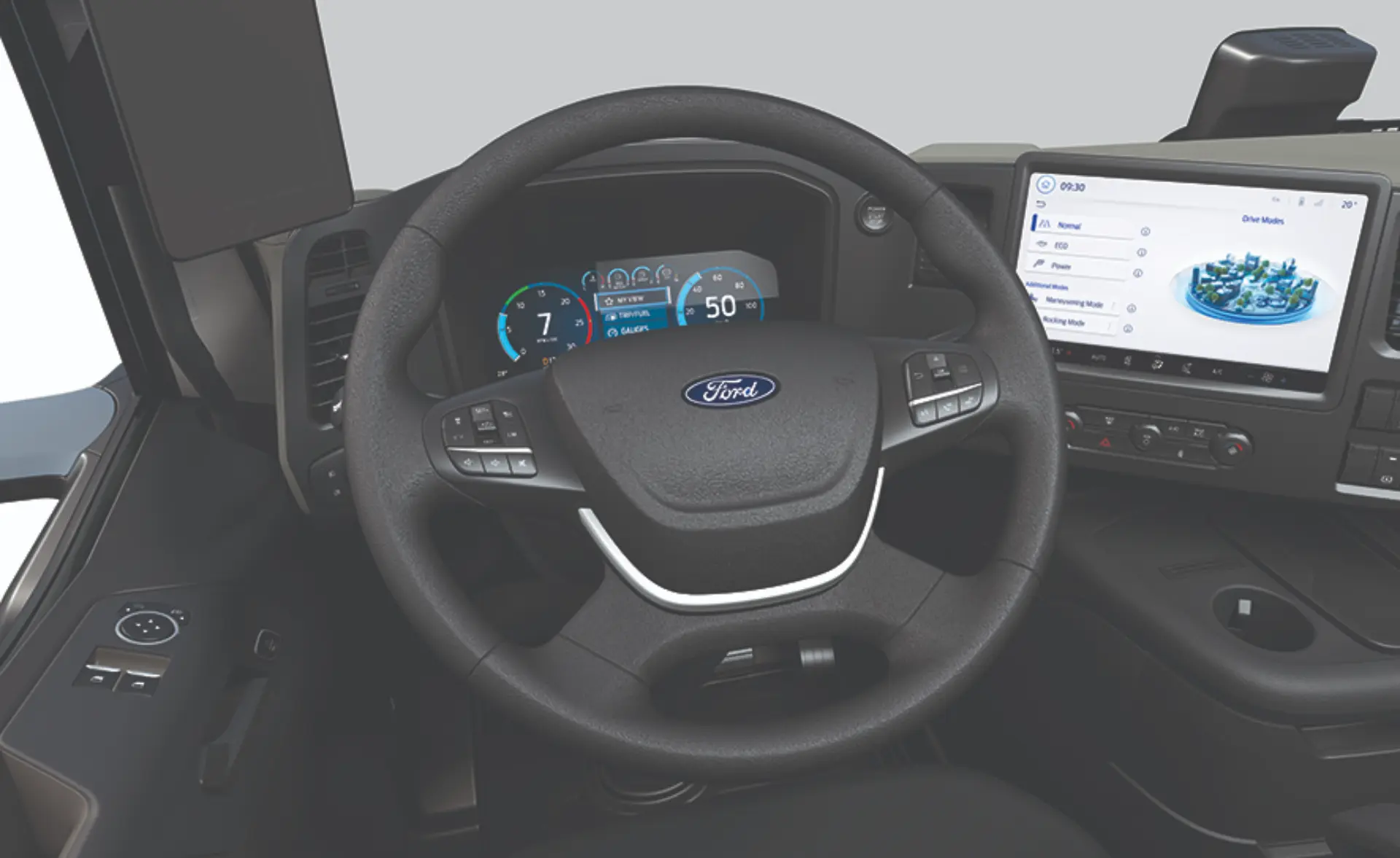 Primer plano del volante, el salpicadero digital y la pantalla táctil de navegación de un camión Ford.