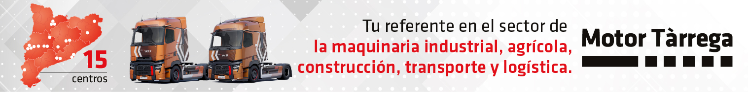 Dos camiones marrones, un mapa de Cataluña con «15 centros» y un texto que destaca los servicios de maquinaria industrial y de transporte, además de información sobre el Renault Trucks T Smart Racer, la prueba de camiones y el consumo del Smart Racer.