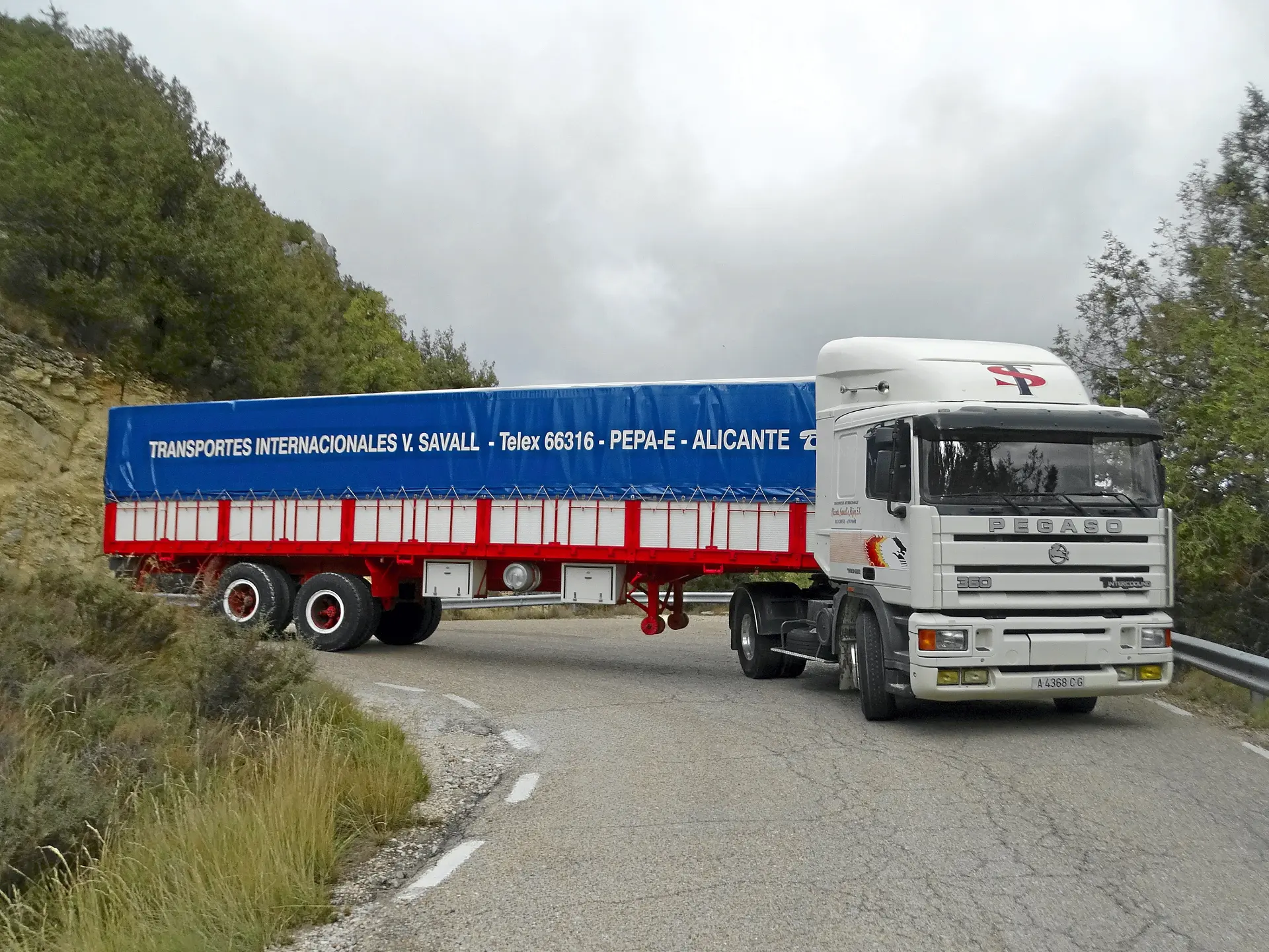 Un semirremolque Pegaso blanco, de la flota de camiones clásicos, con un remolque azul y rojo toma una curva cerrada en una carretera de montaña cerca de Ribera del Duero.