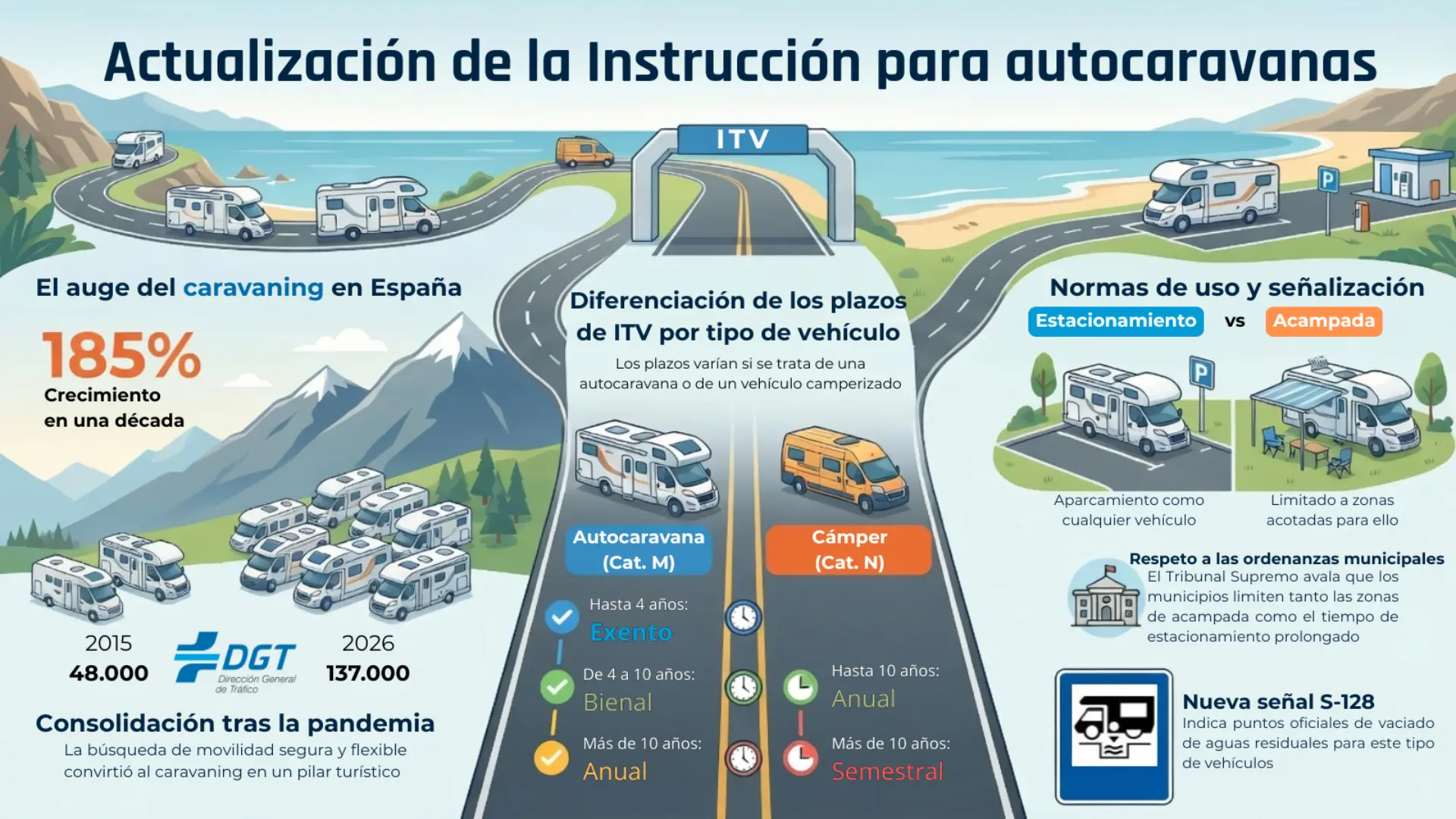 Infografía que muestra la normativa actualizada, incluida la normativa autocaravanas 2026 DGT y los nuevos plazos de inspección (ITV autocaravanas furgones vivienda), para autocaravanas y autocaravanas en España.