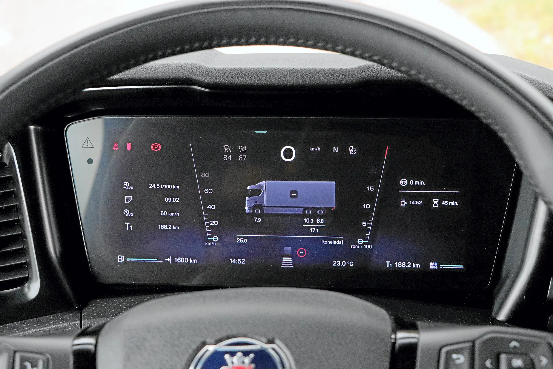 Pantalla digital del salpicadero de un camión moderno que muestra la velocidad, el combustible y la información del vehículo detrás del volante.