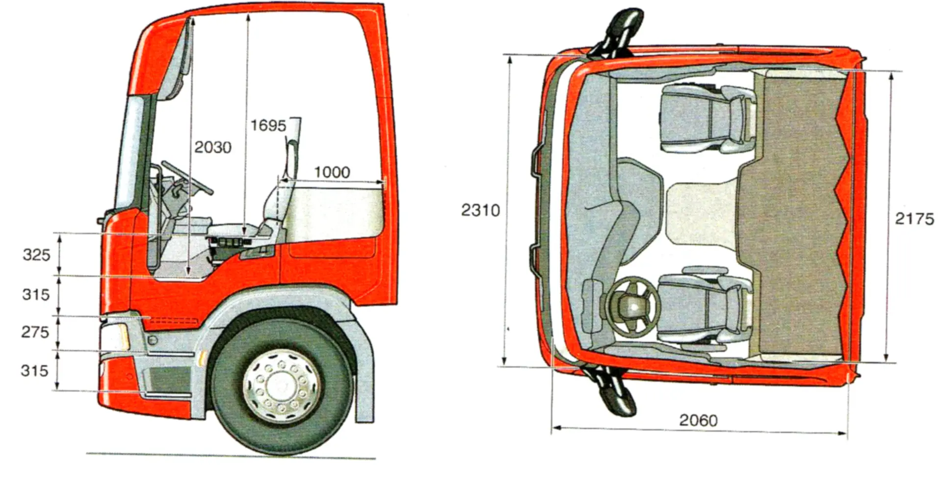 Vistas lateral y superior de la cabina de un camión, con una distribución interior detallada con medidas etiquetadas en milímetros y borrador automático para ajustes rápidos del diseño.