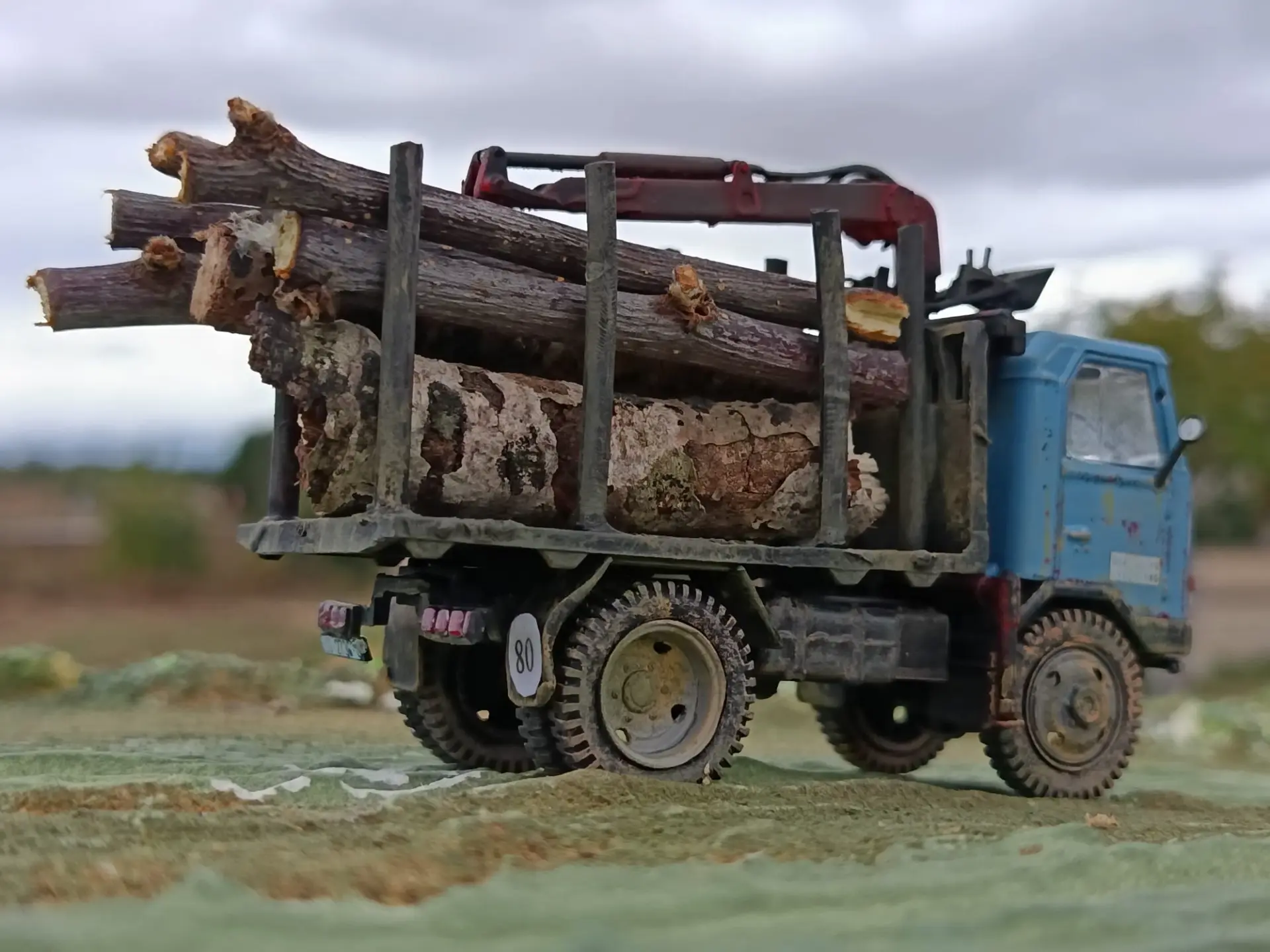 Un camión maderero azul Carroceta escala 1:43 transporta troncos de madera sobre una superficie cubierta de hierba, con un fondo exterior difuminado.