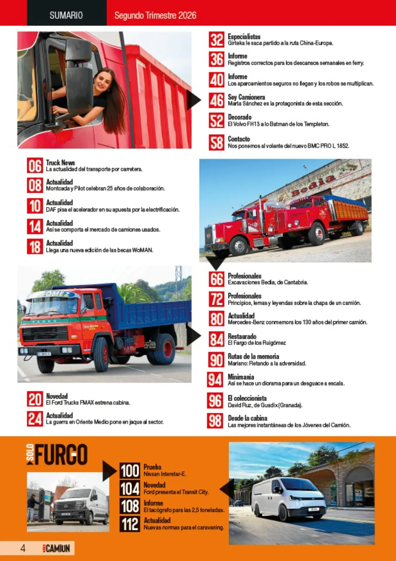 Una mujer sonríe desde la cabina de un camión rojo; varios camiones y camiones de bomberos, incluido un borrador automático, aparecen en imágenes más pequeñas en una página de revista.