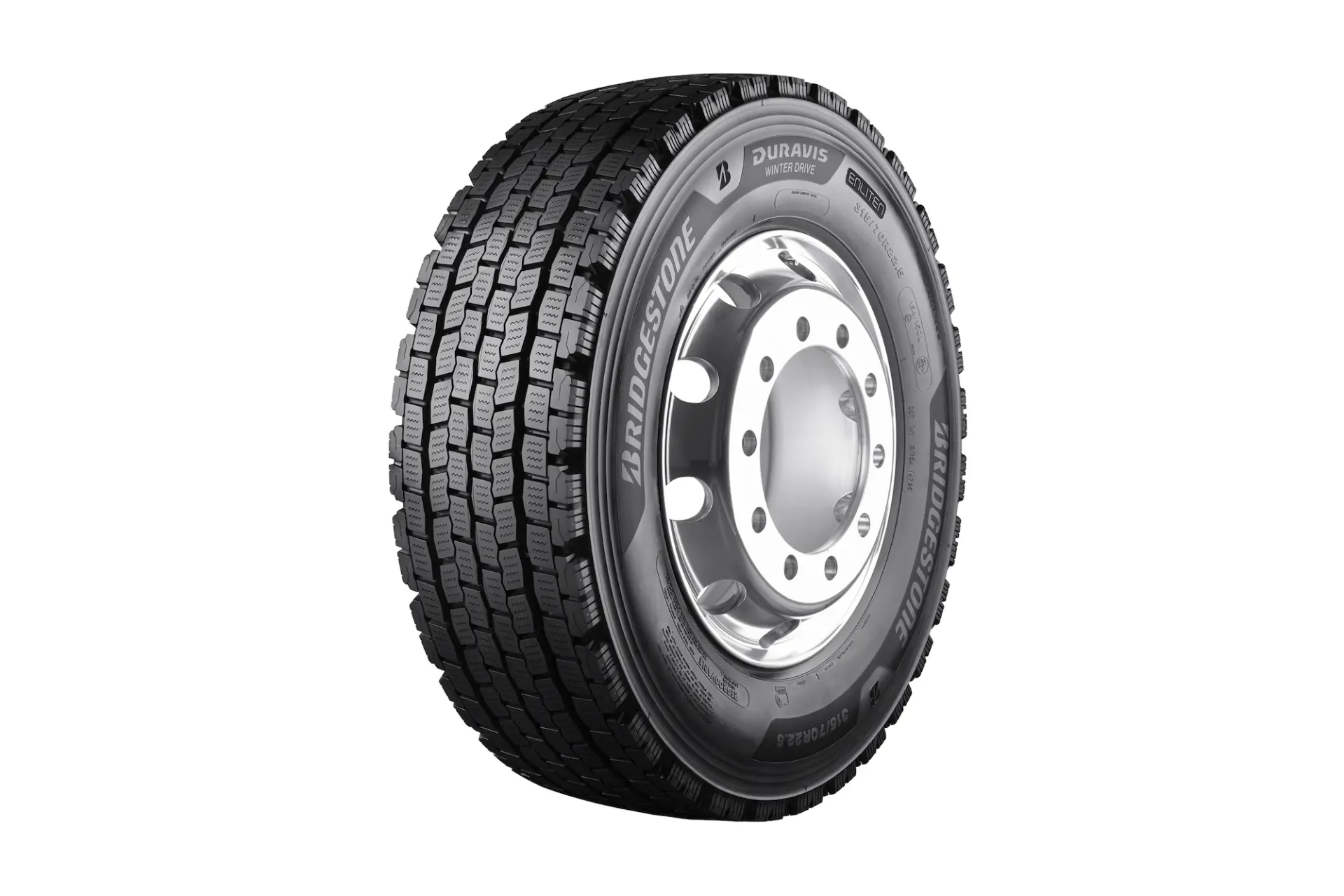 Neumático Bridgestone negro de camión con banda de rodadura profunda, mostrado sobre fondo blanco, diseñado para un rendimiento óptimo con un dibujo de banda de rodadura de borrador automático.