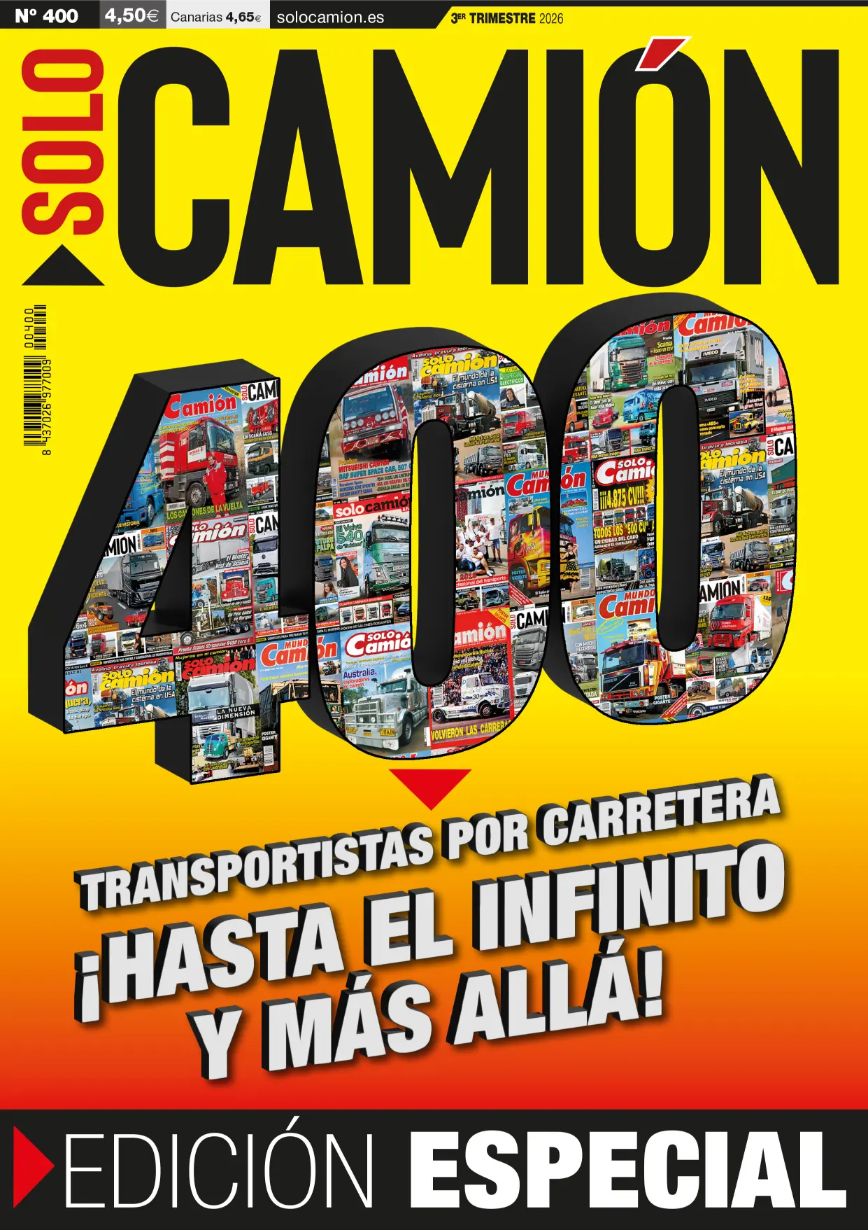 Portada de la revista en la que aparece «Solo Camión 400», con un collage de portadas anteriores de «Solo Camión» dentro del número 400, sobre un fondo amarillo intenso.