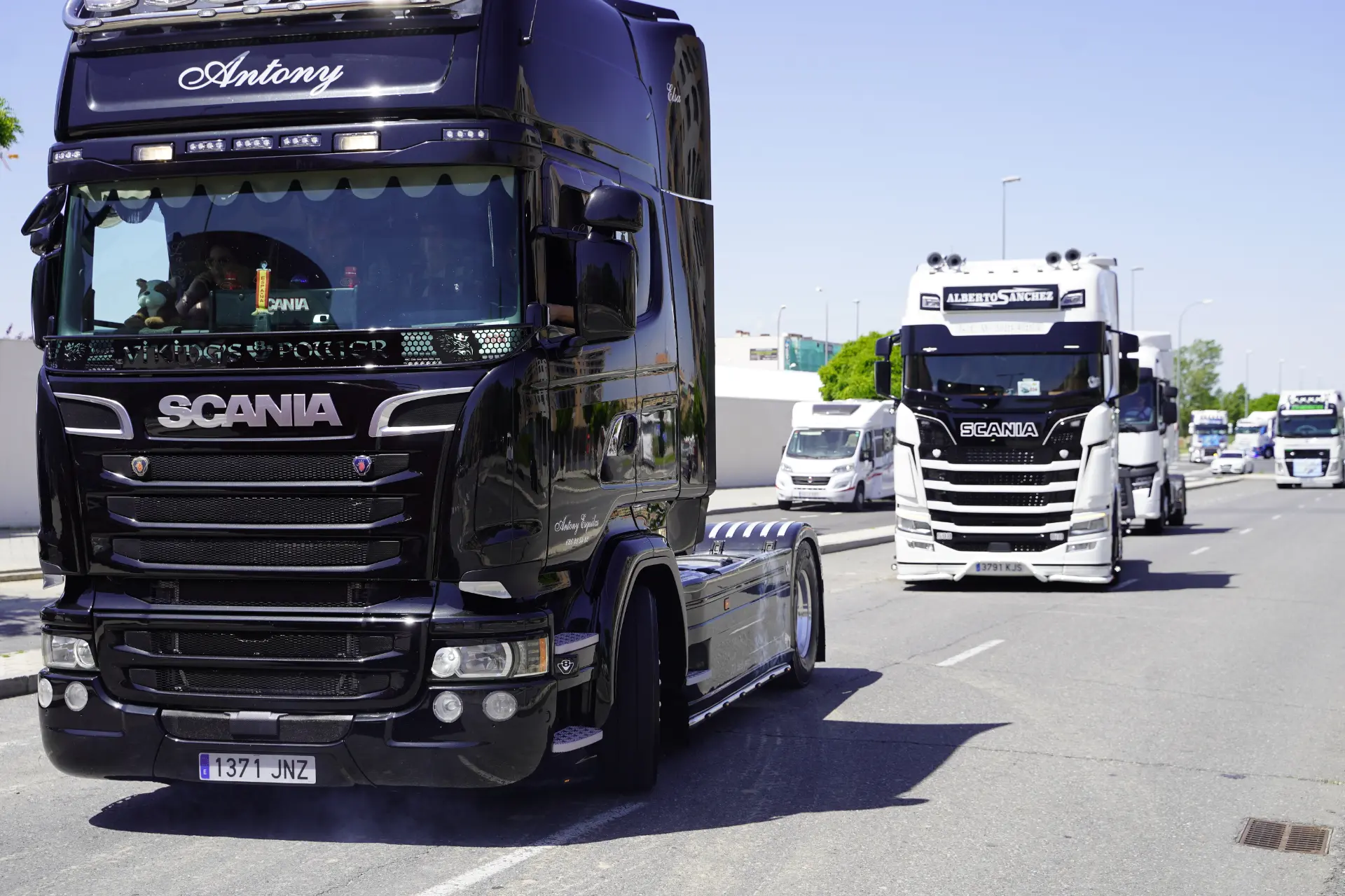 Una fila de vehículos Scania en blanco y negro recorre una soleada calle de Ávila durante la concentración solidaria de camiones.
