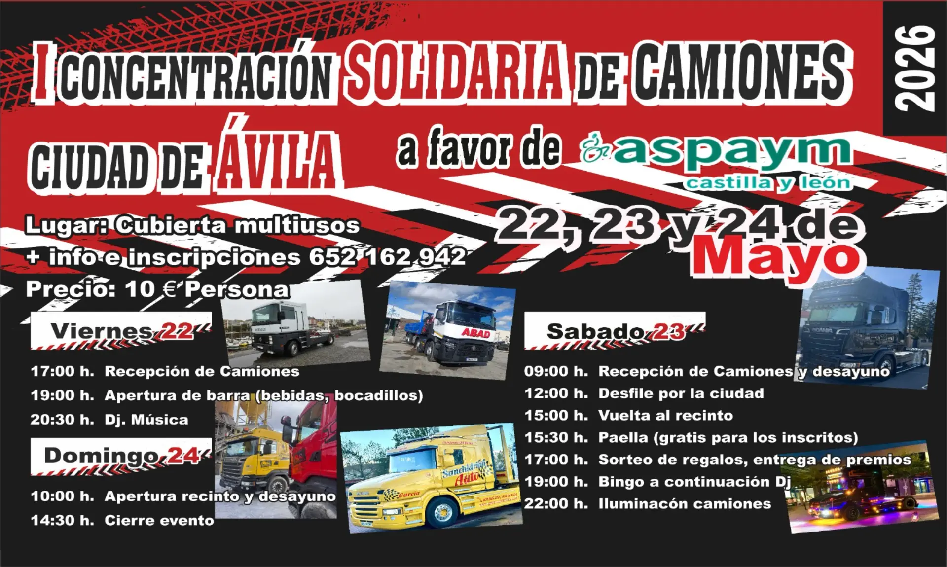 Cartel de una concentración solidaria de camiones en Ávila, España, del 22 al 24 de mayo de 2026, con horario y detalles del evento.