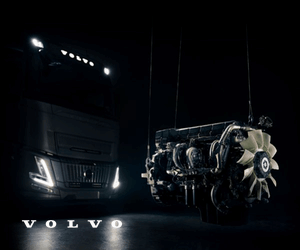 En el banner B aparece un camión Volvo con los faros encendidos junto a un motor suspendido, con la inscripción «VOLVO» en la parte inferior izquierda.