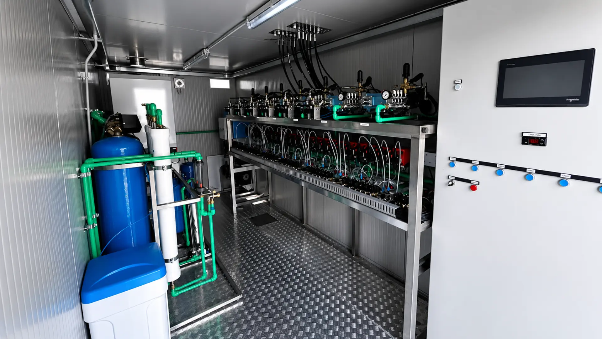 Sistema industrial de filtración de agua con depósitos, tuberías y paneles de control de color azul, instalado en una sala limpia, que incorpora ingeniería propia para mejorar el rendimiento y está diseñado para maximizar la rentabilidad de las flotas.